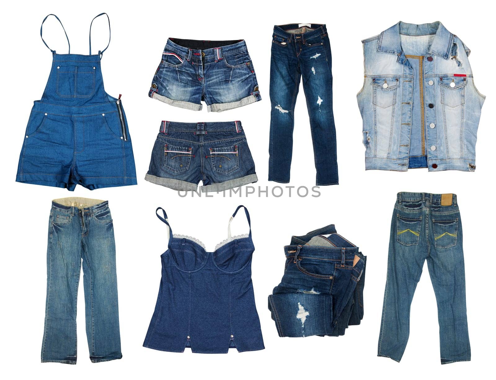 Collection of jeans clothes on white