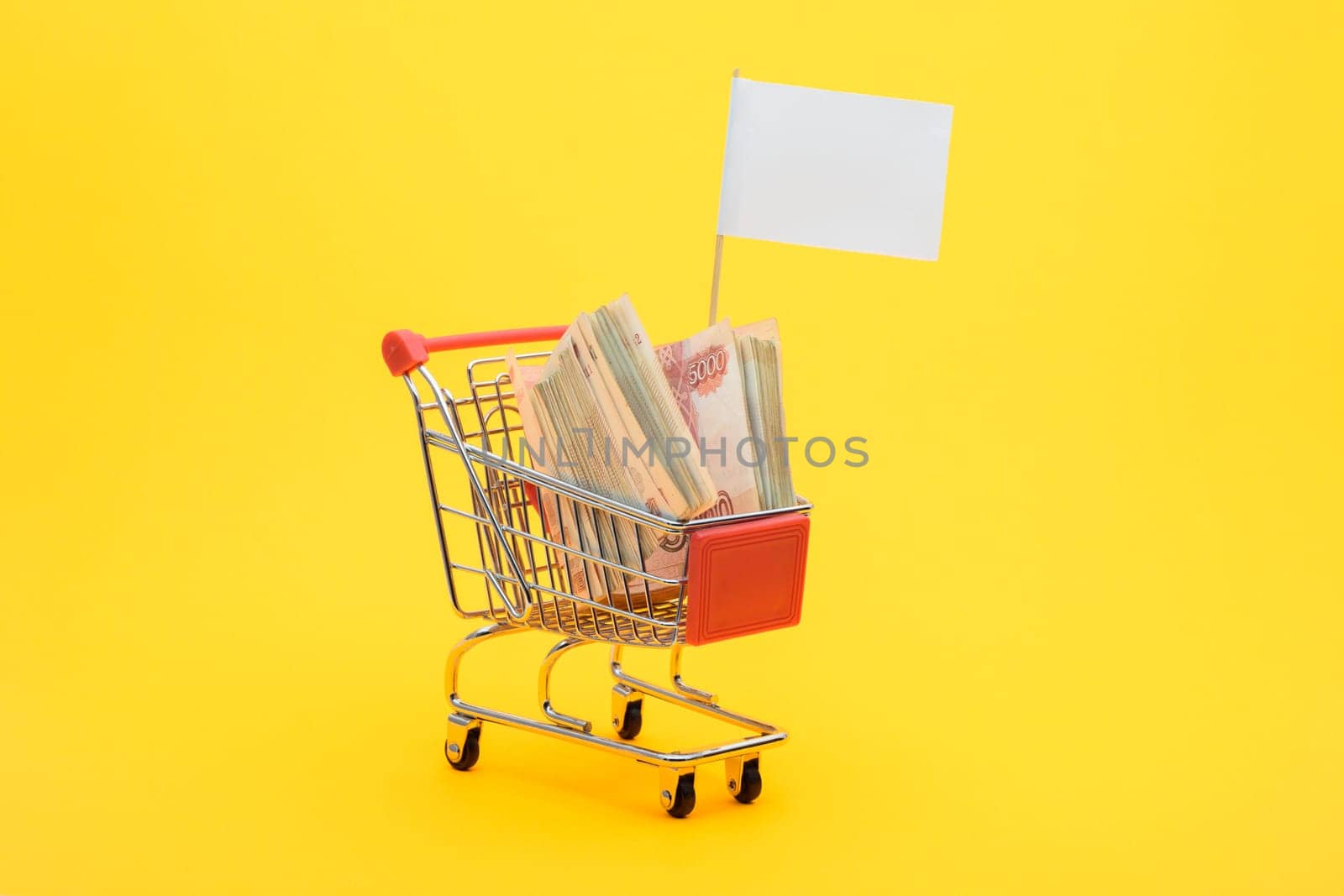 In the grocery cart lies a bundle of five thousandth bills and a white flag is set
