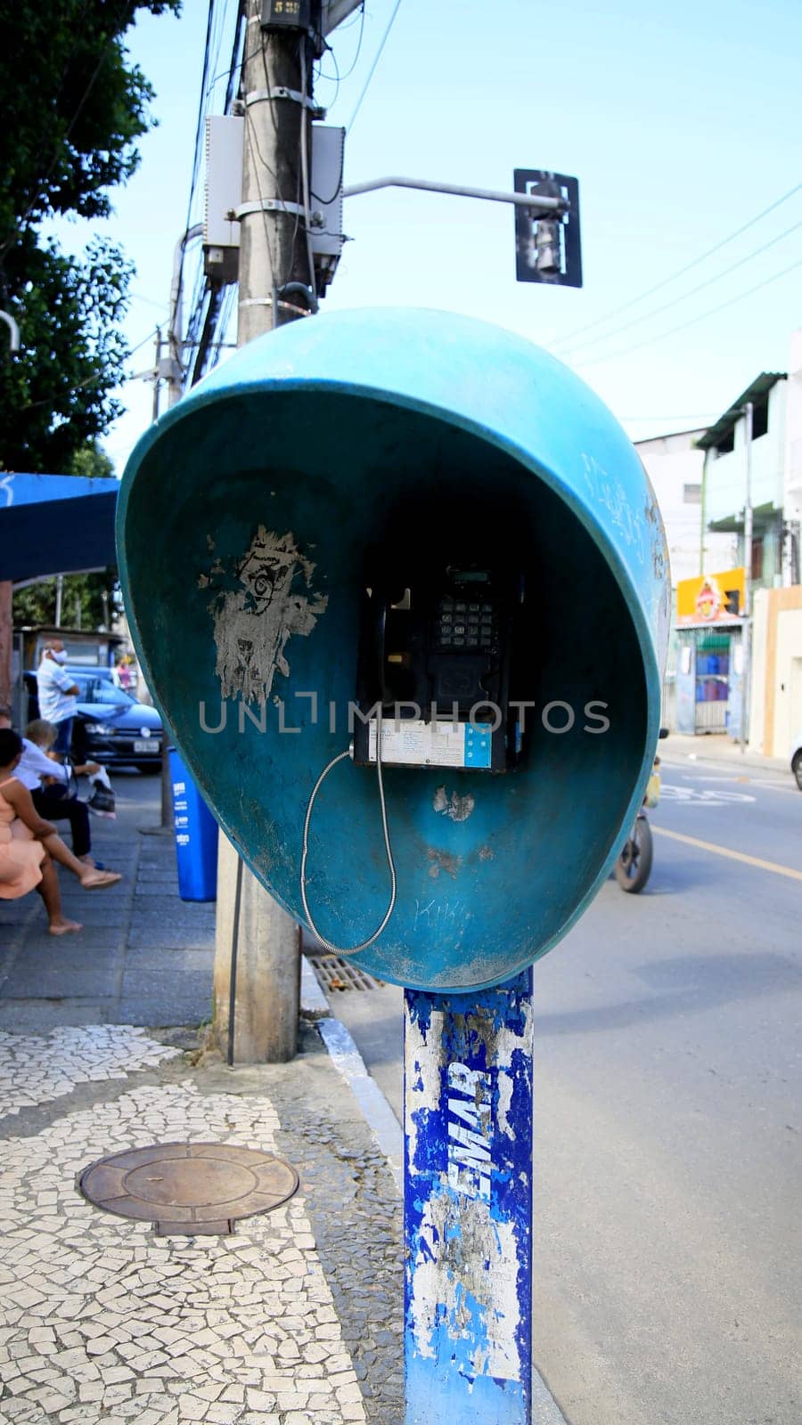 salvador, bahia / brazil - julu 1, 2020: public telephone is seen on the street in the neighborhood of Pernambues, in the city of Salvador....