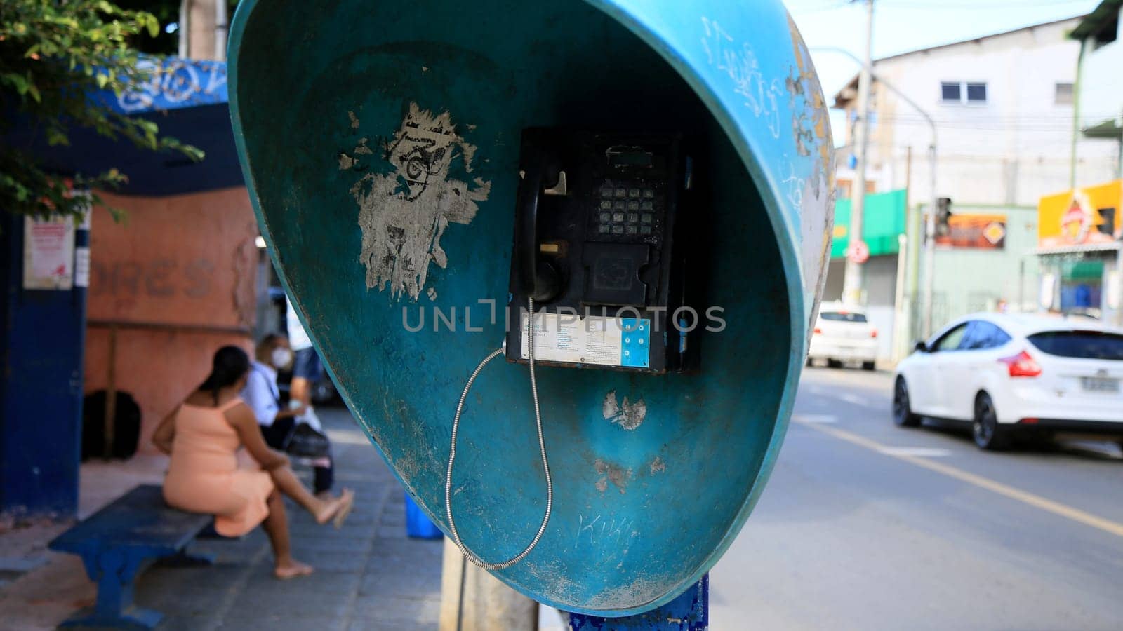 salvador, bahia / brazil - julu 1, 2020: public telephone is seen on the street in the neighborhood of Pernambues, in the city of Salvador....