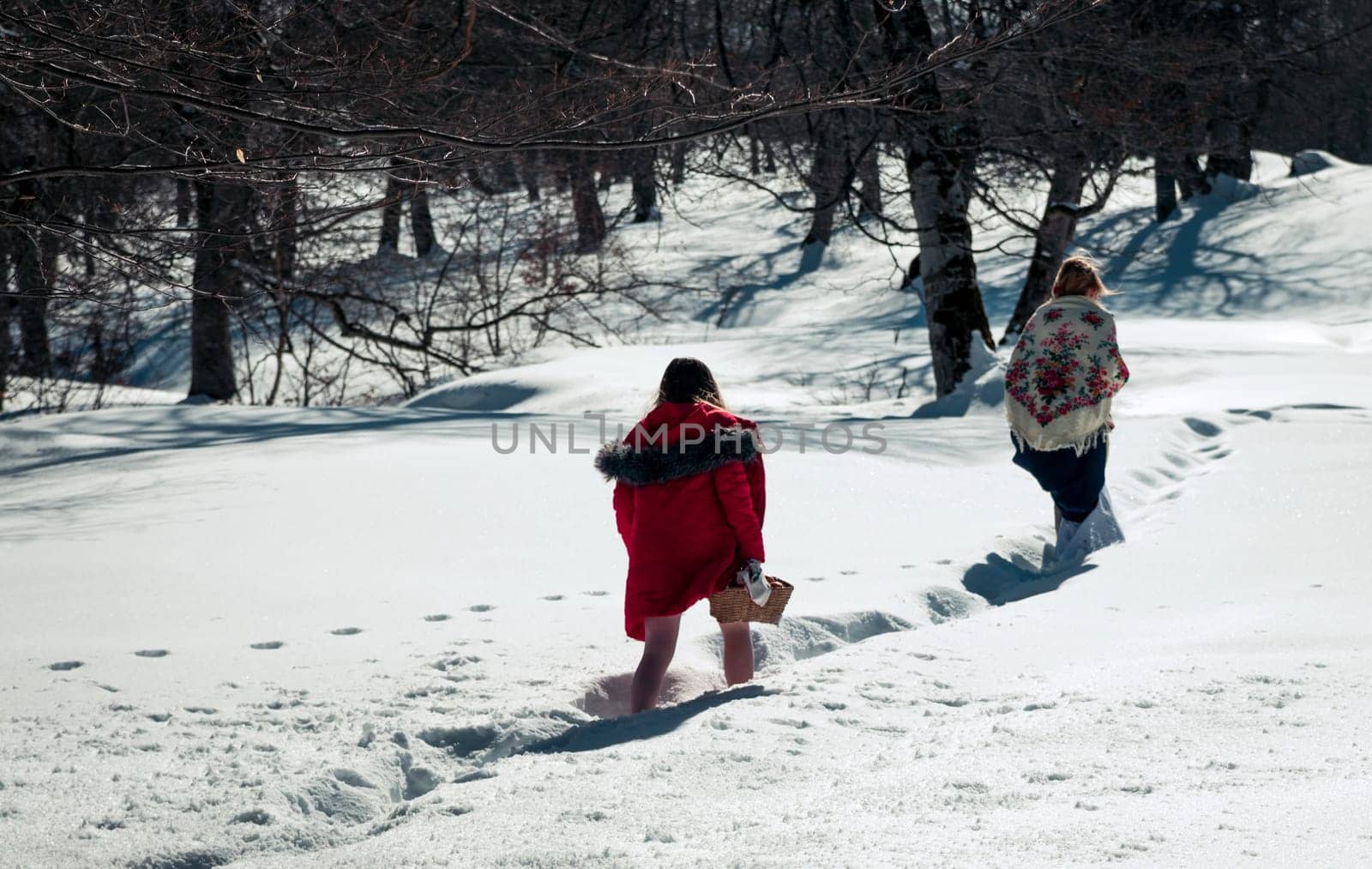 Girl with mum walking in the snow