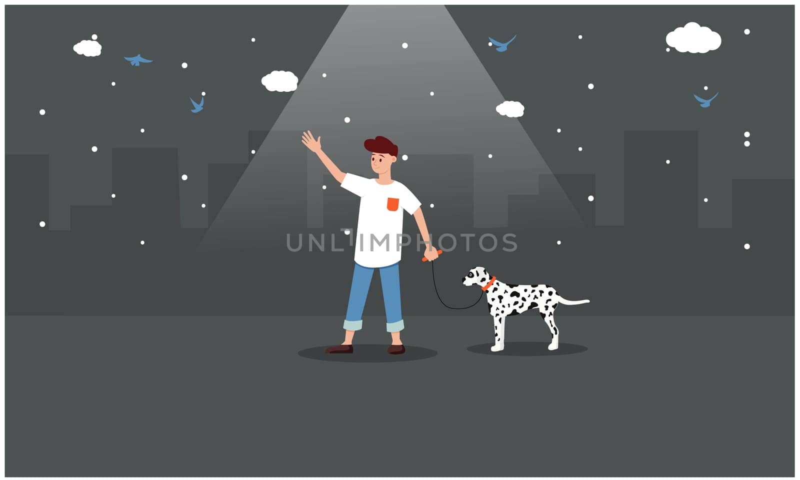 man walking with his dog on road in night