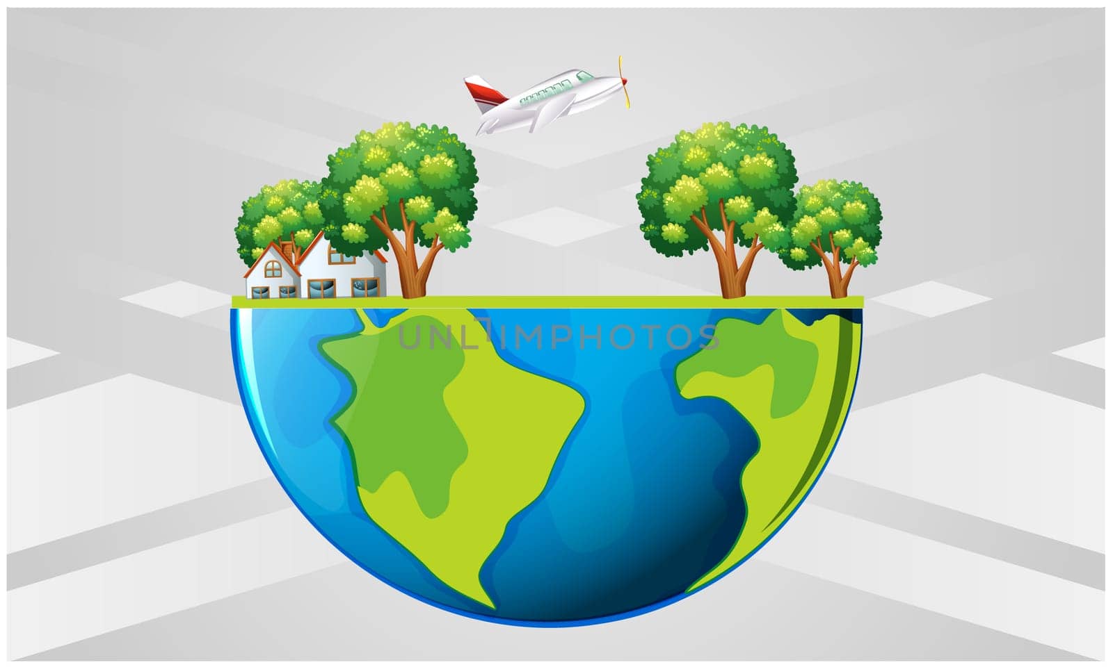 earth carrying several plants, buildings and vehicles on abstract background