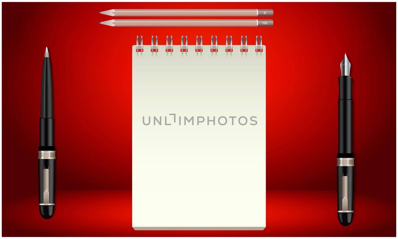 mock up illustration of notebook, pen, pencil on abstract background