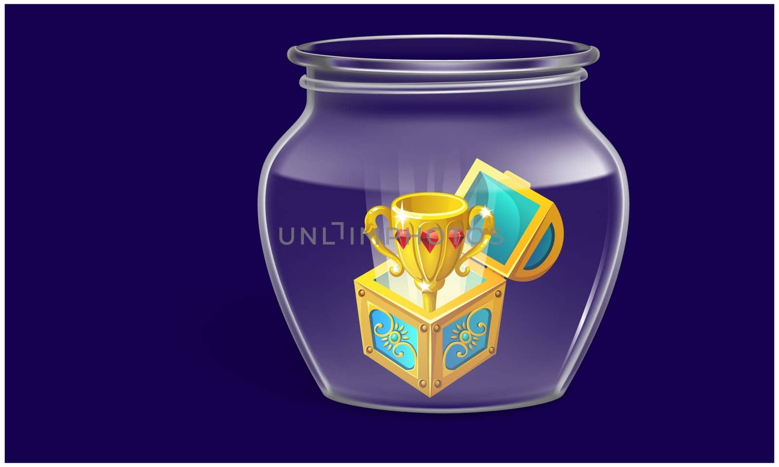 treasure with victory cup in a glass jar on abstract background