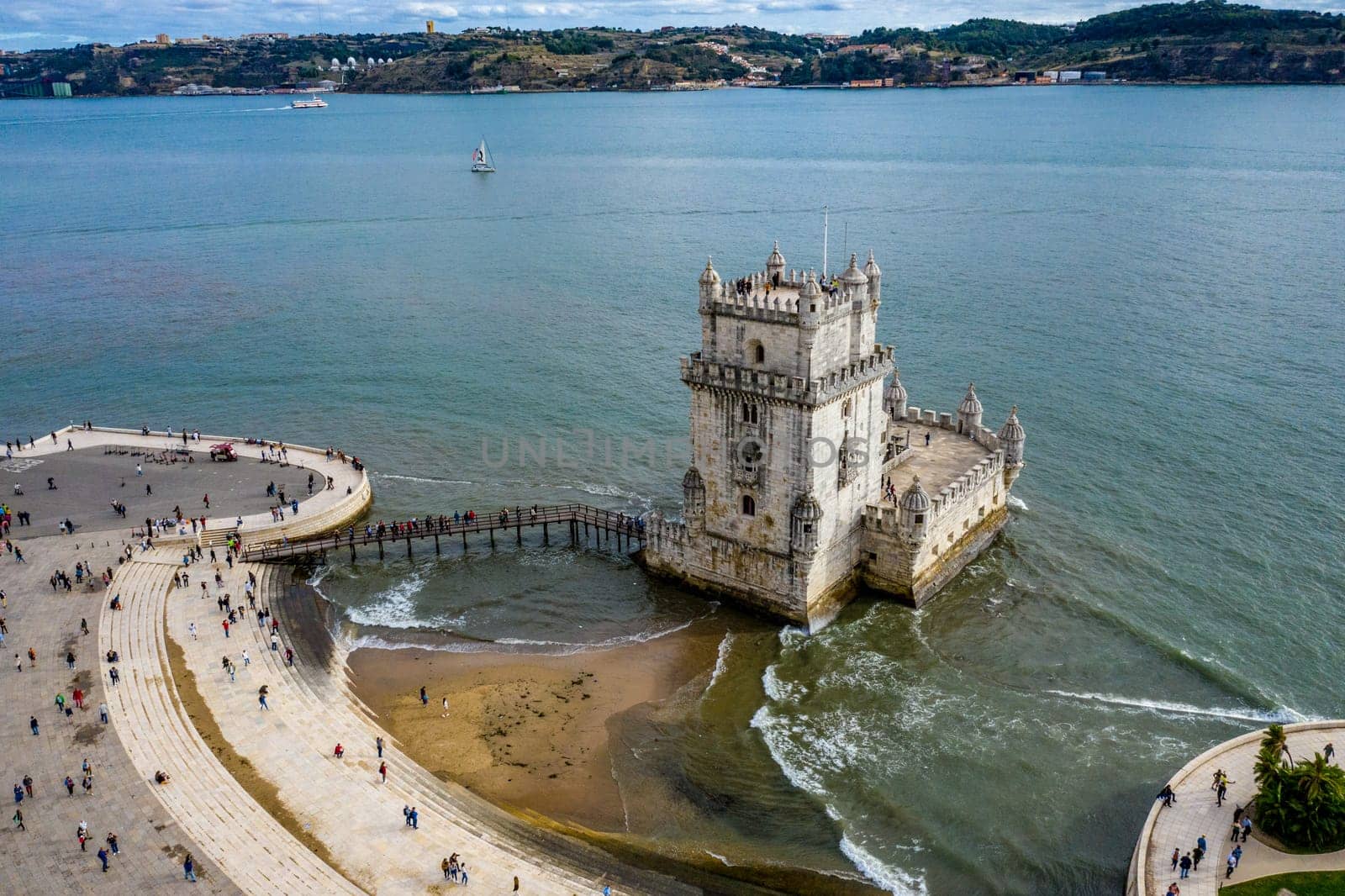 Most important landmark in Lisbon . The Tower of Belem from above - aerial drone footage
