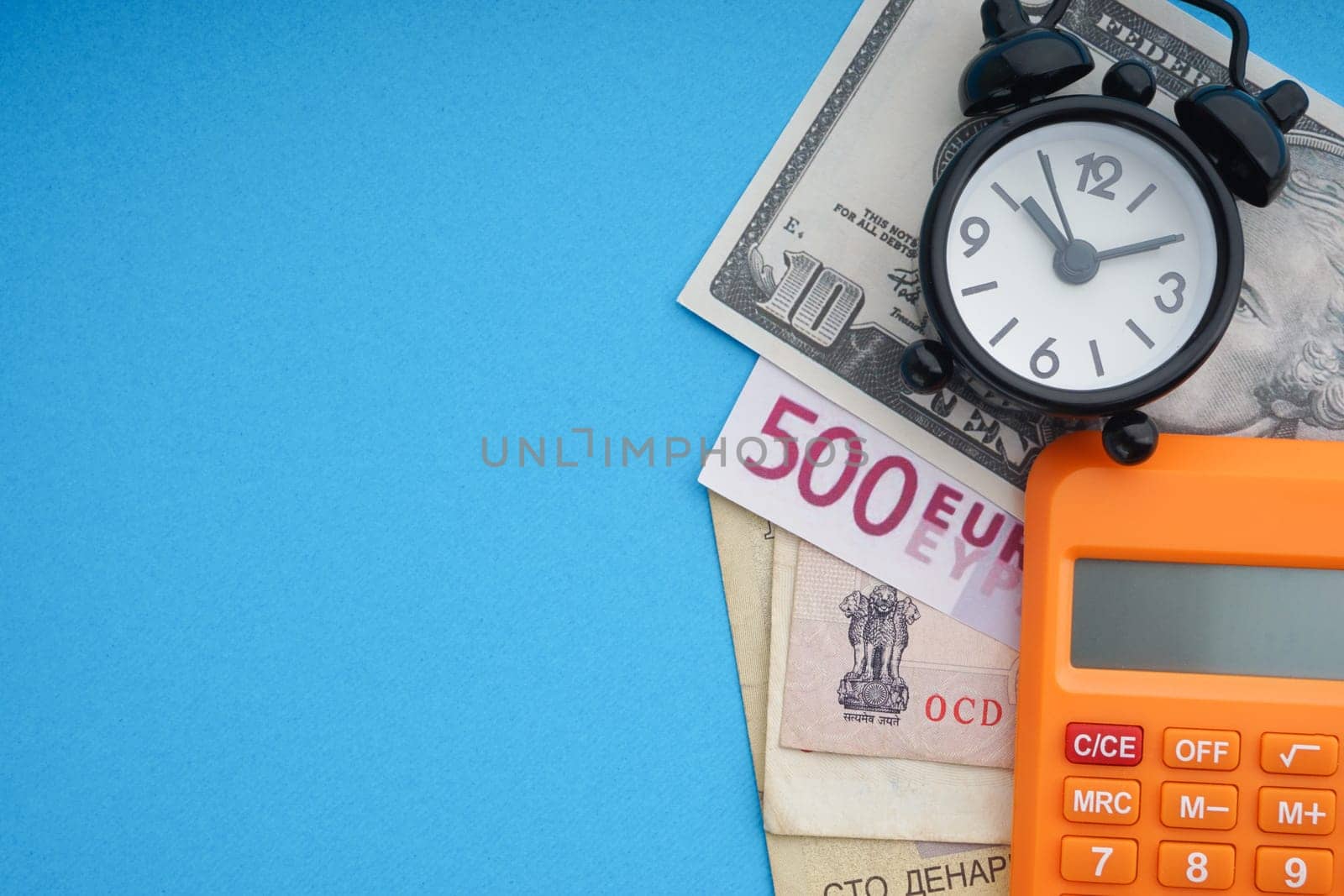 Flat lay of business with office stationary concept on blue background. Business and Copy Space concept