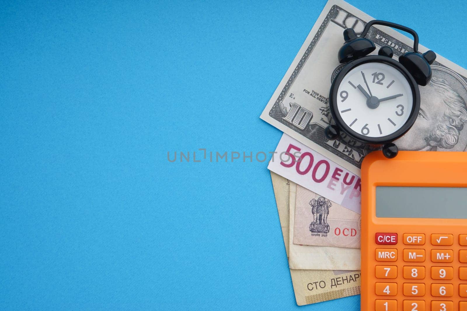 Flat lay of business with office stationary concept on blue background. Business and Copy Space concept