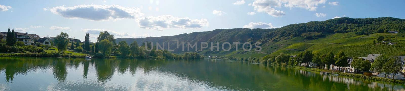 Panorama from beautiful landscape of the river moselle surround vineyard hills in germany