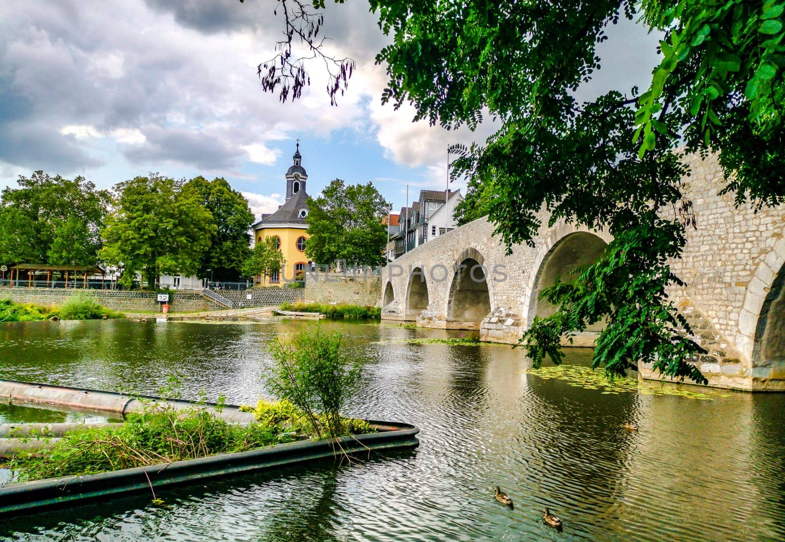 Lahn River with old Stone Bridge an Hospital Church