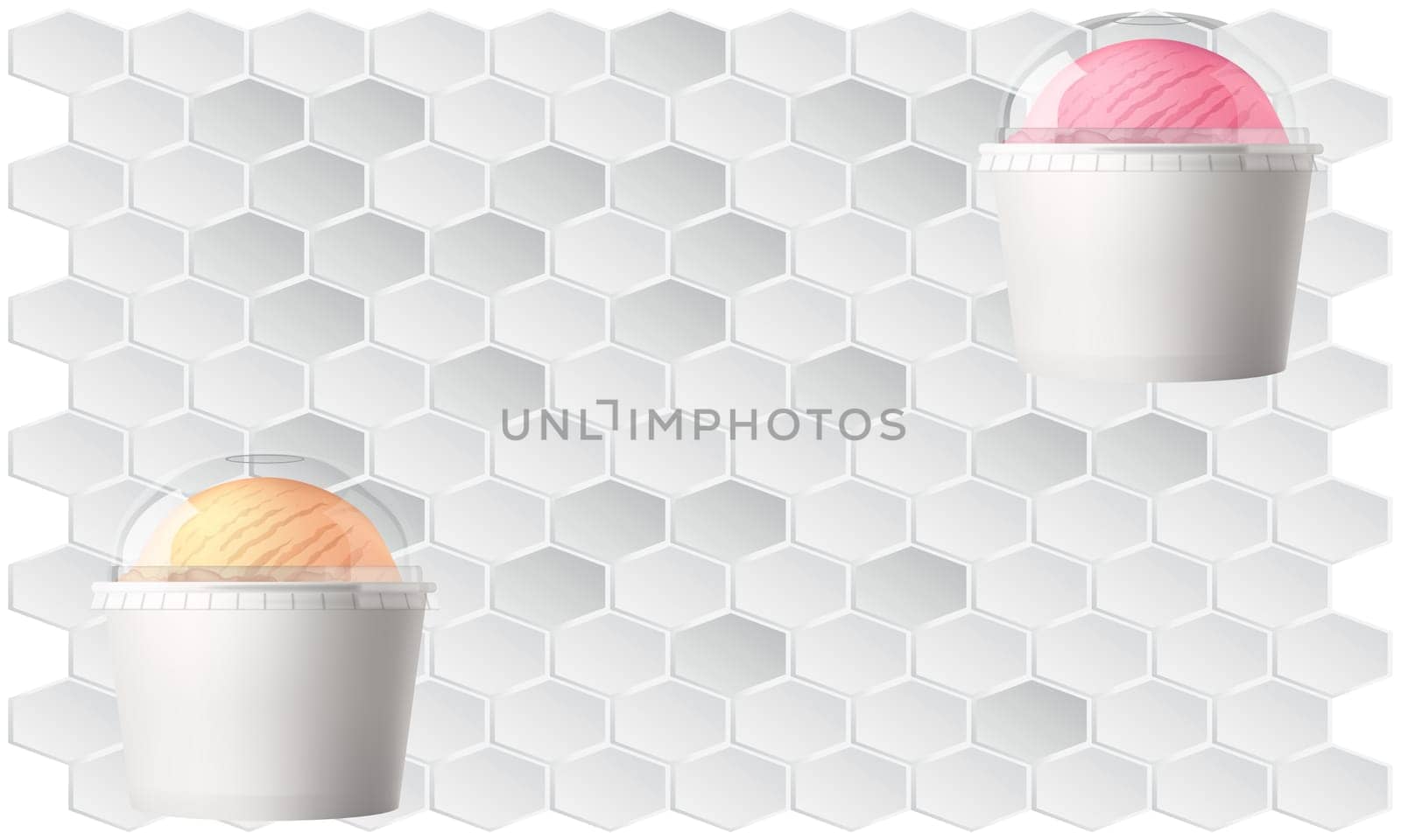 mock up illustration of ice cream cup in different flavors with transparent cover on abstract blue background