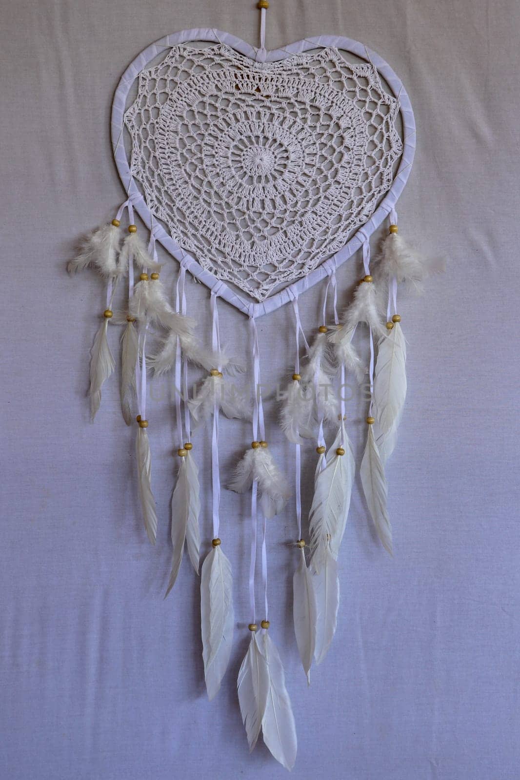 Dream catcher shaped heart with beige peacock feathers in the interior.