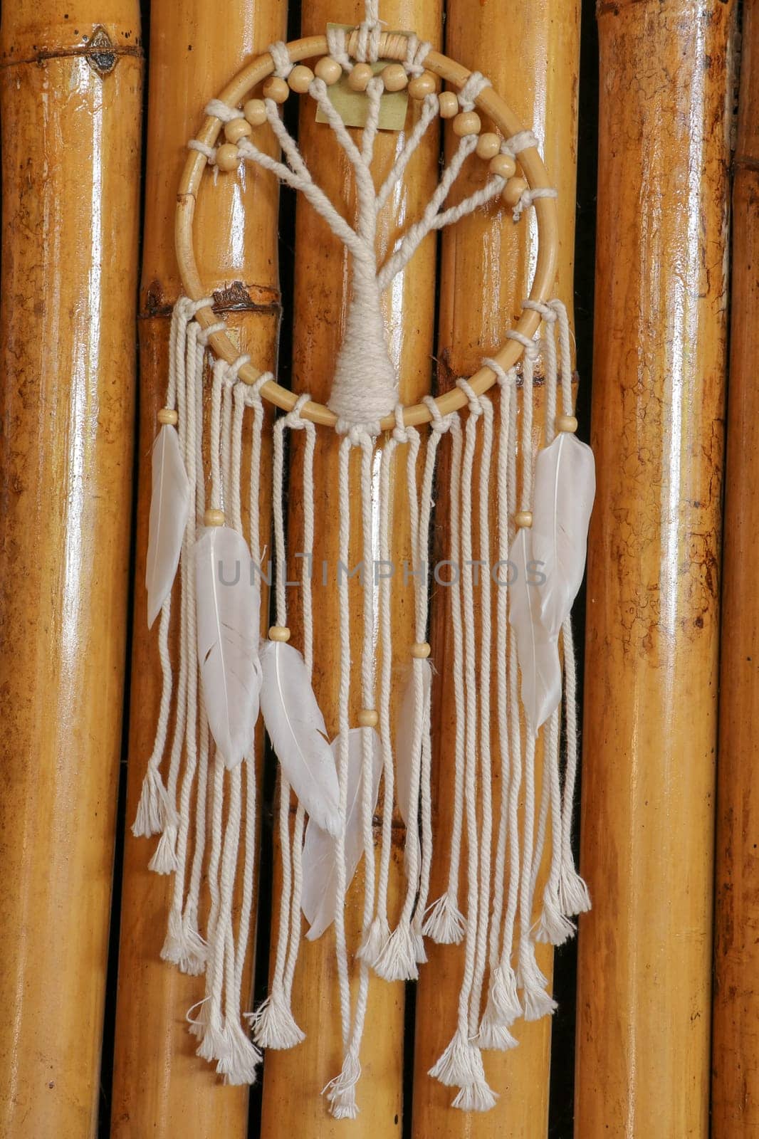 White dreamcatcher - Indian amulet that protects the sleeper from evil spirits and diseases.. The tree - symbol of life. Dream catcher on bamboo background.