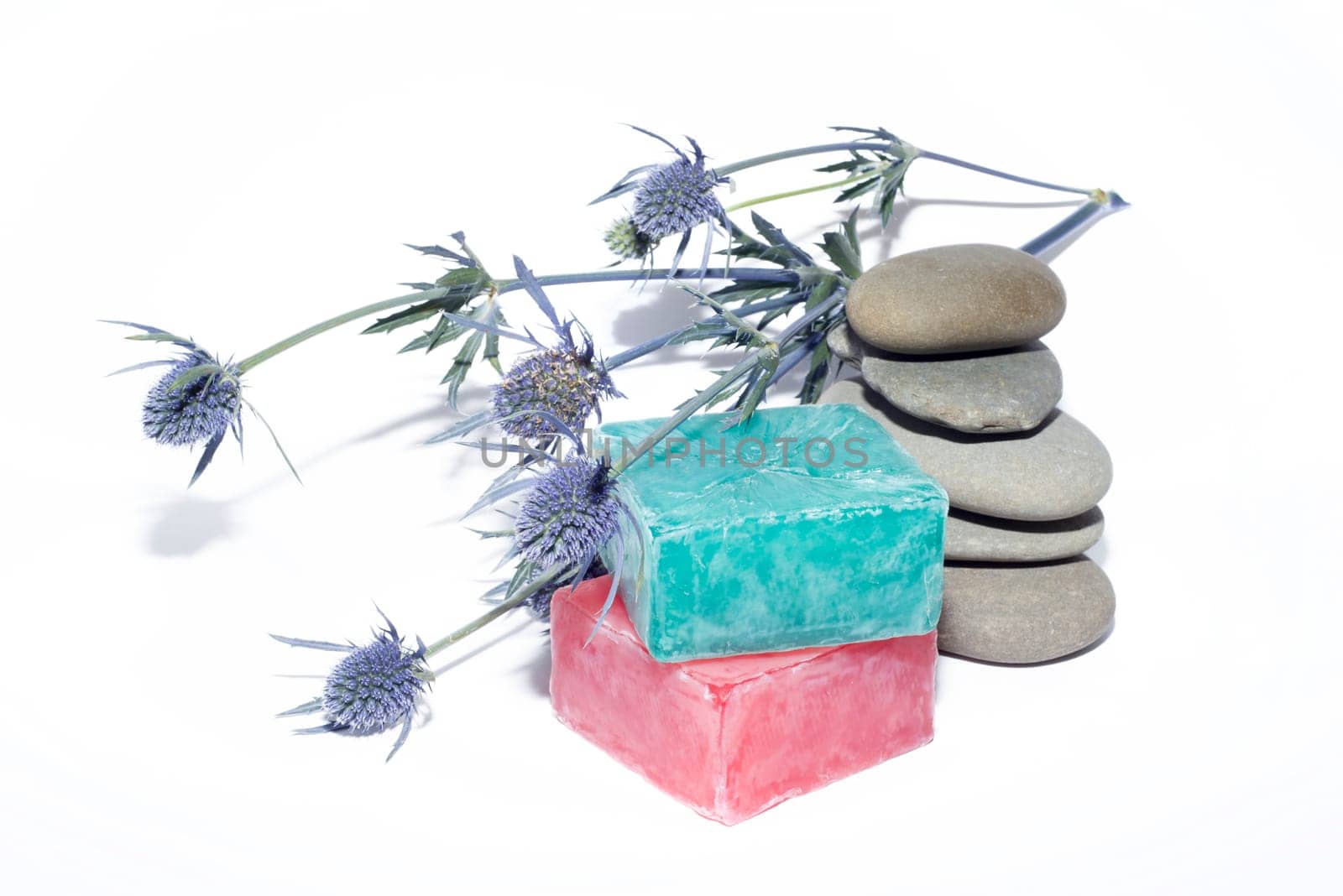 soaps off various shades with grey sone pebbles and lavender