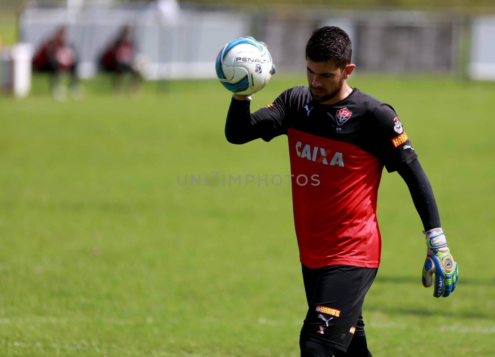 salvador, bahia / brazil - may 5, 2015: Fernando Miguel Kaufmann, goalkeeper of Esporte Clube Vitoria is seen during team training in the city of Salvador.