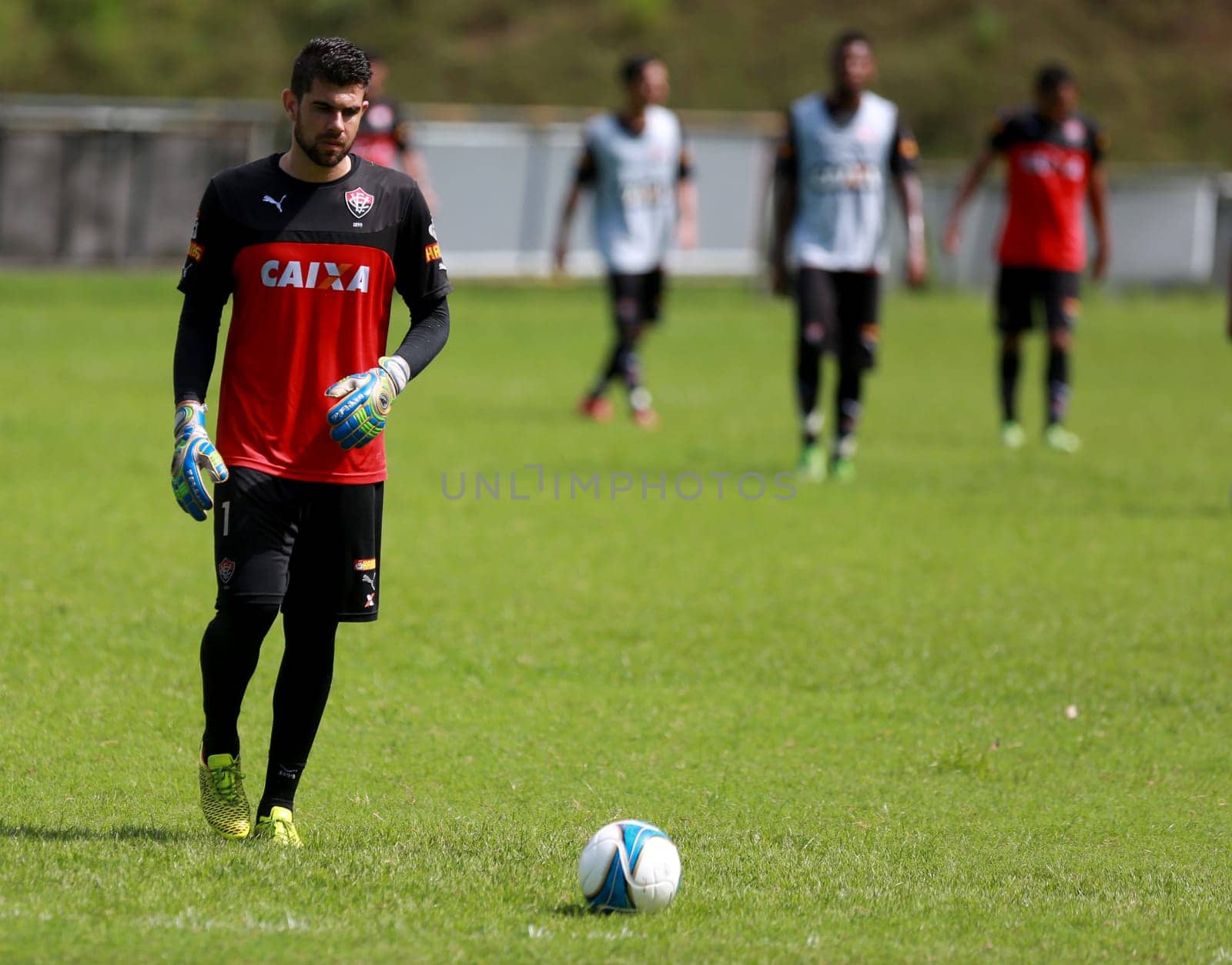 salvador, bahia / brazil - may 5, 2015: Fernando Miguel Kaufmann, goalkeeper of Esporte Clube Vitoria is seen during team training in the city of Salvador.