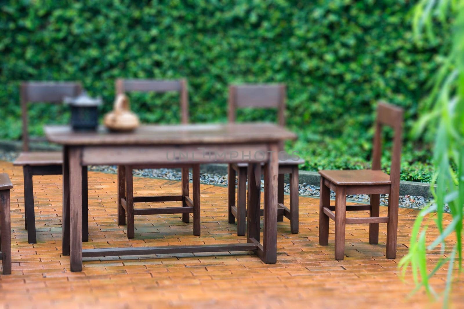 Blur background of outdoors garden furniture set, stock photo