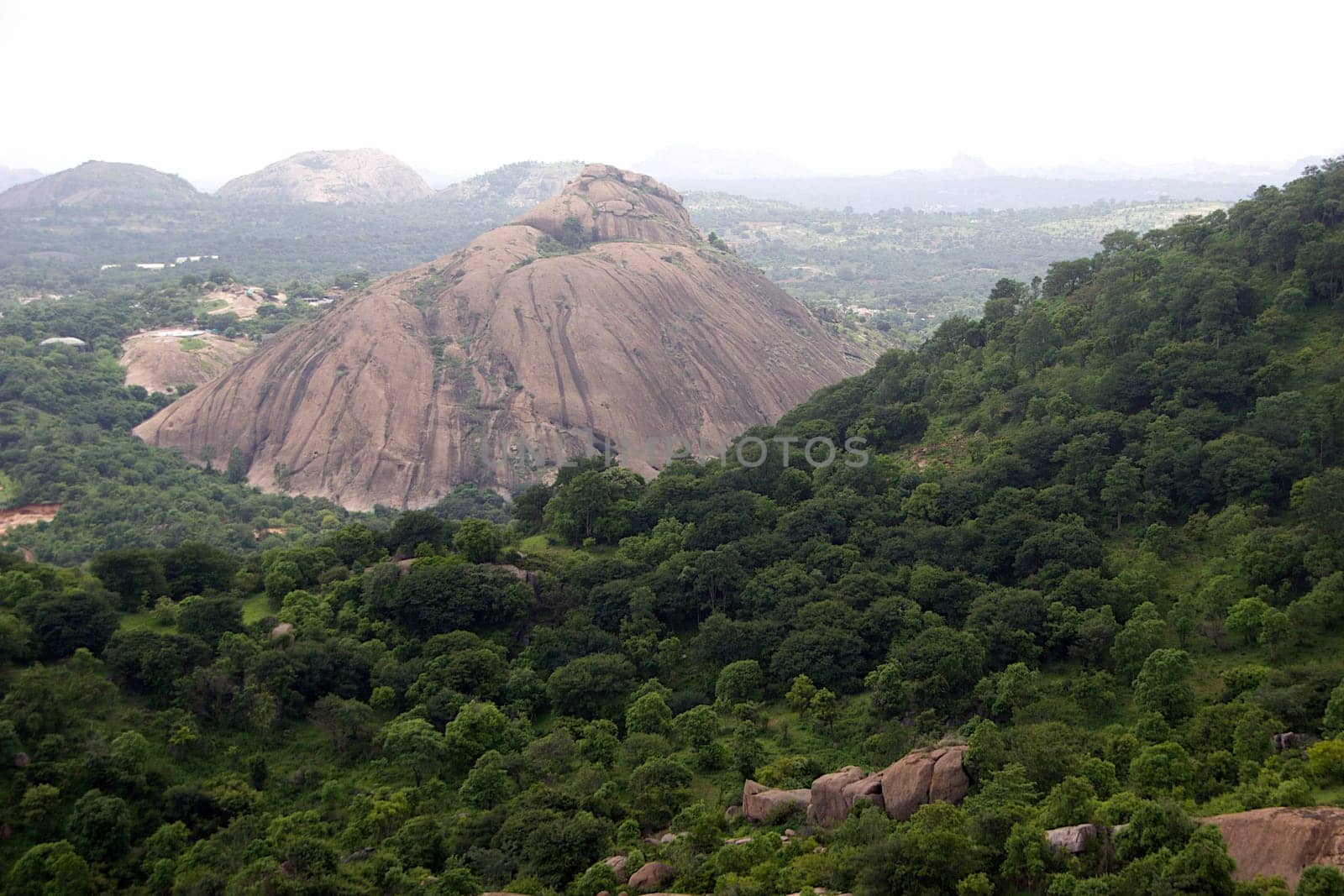 View of tree covered and rock covered hills from Ramagiri near Ramanagara in Karnataka, India, Asia