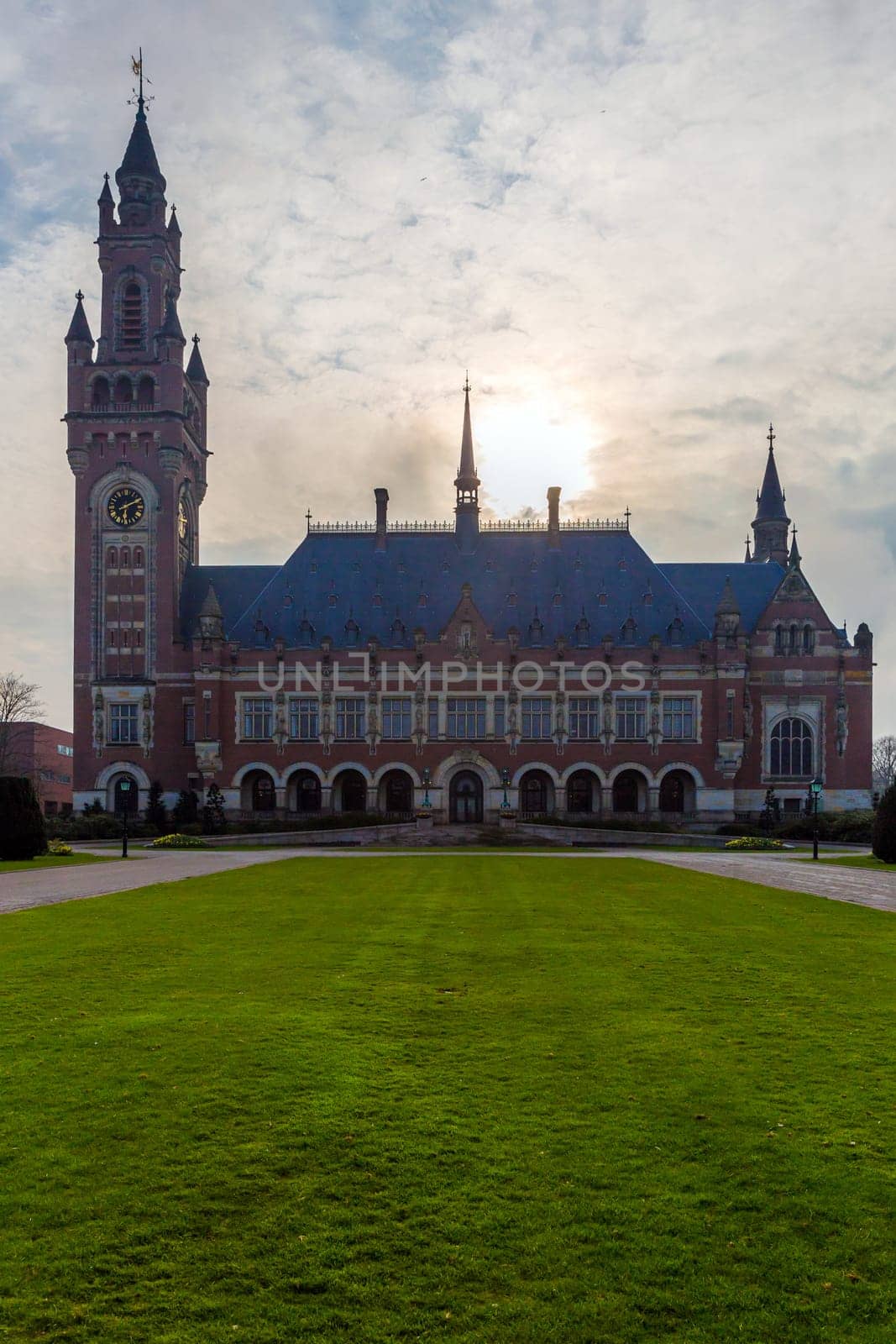 Peace Palace in Hague, Seat of the International Court of Justice part of united nation UN, The Netherlands in summer time.  ICJ or world court gives advisory opinions on international legal issues.