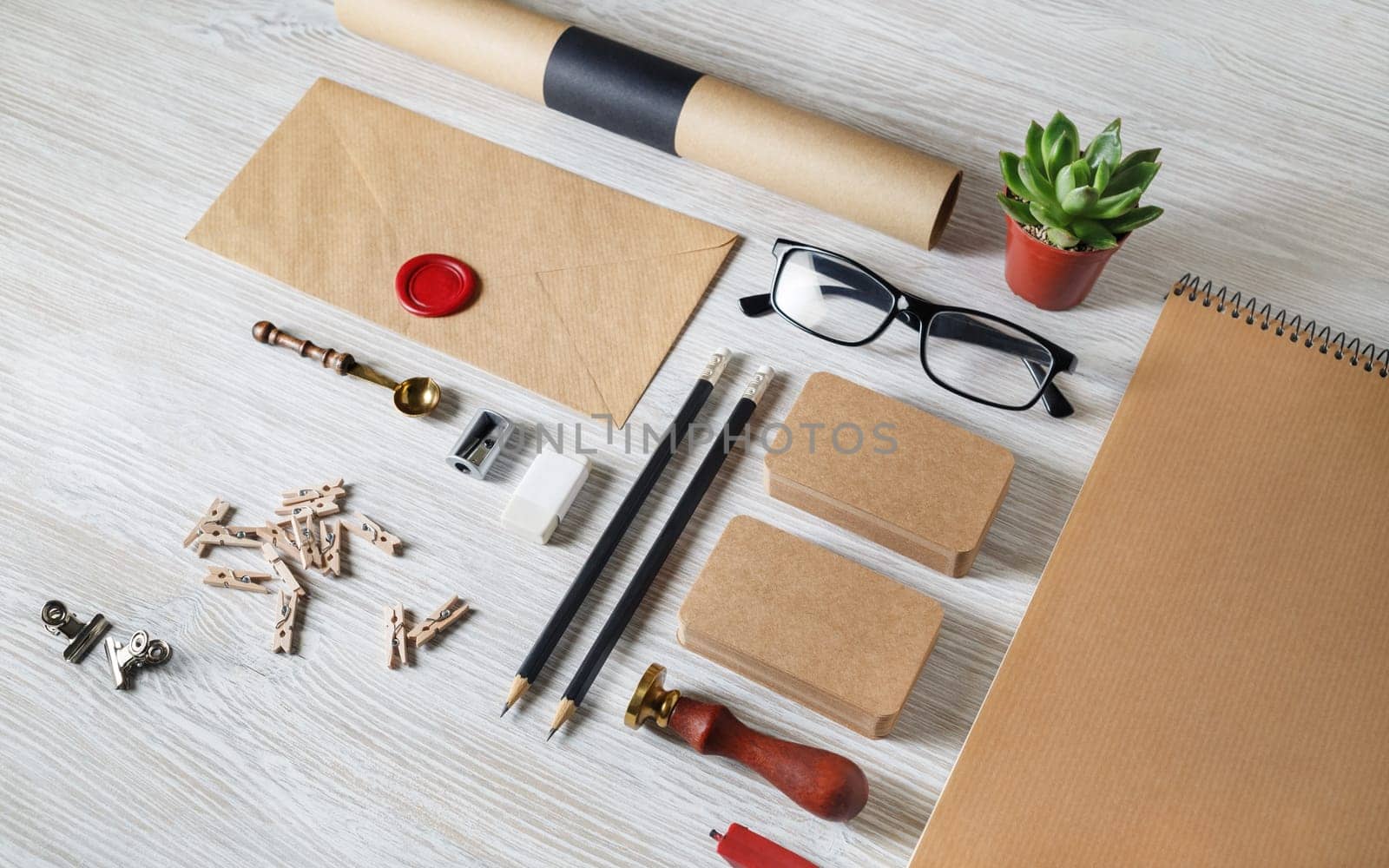Blank business stationery set on light wooden background. Vintage corporate identity template. Branding mock-up.
