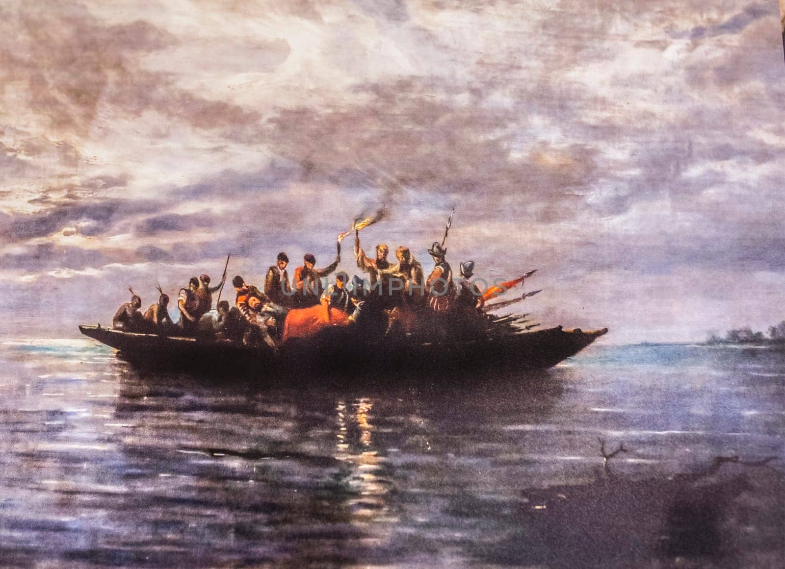 Secret burial of Hernando de Soto in the Mississippi River at night 1542. Painted by Rafael Monleon y Torres in 1887. Exploradores Visitors Centre, Trujillo, Spain