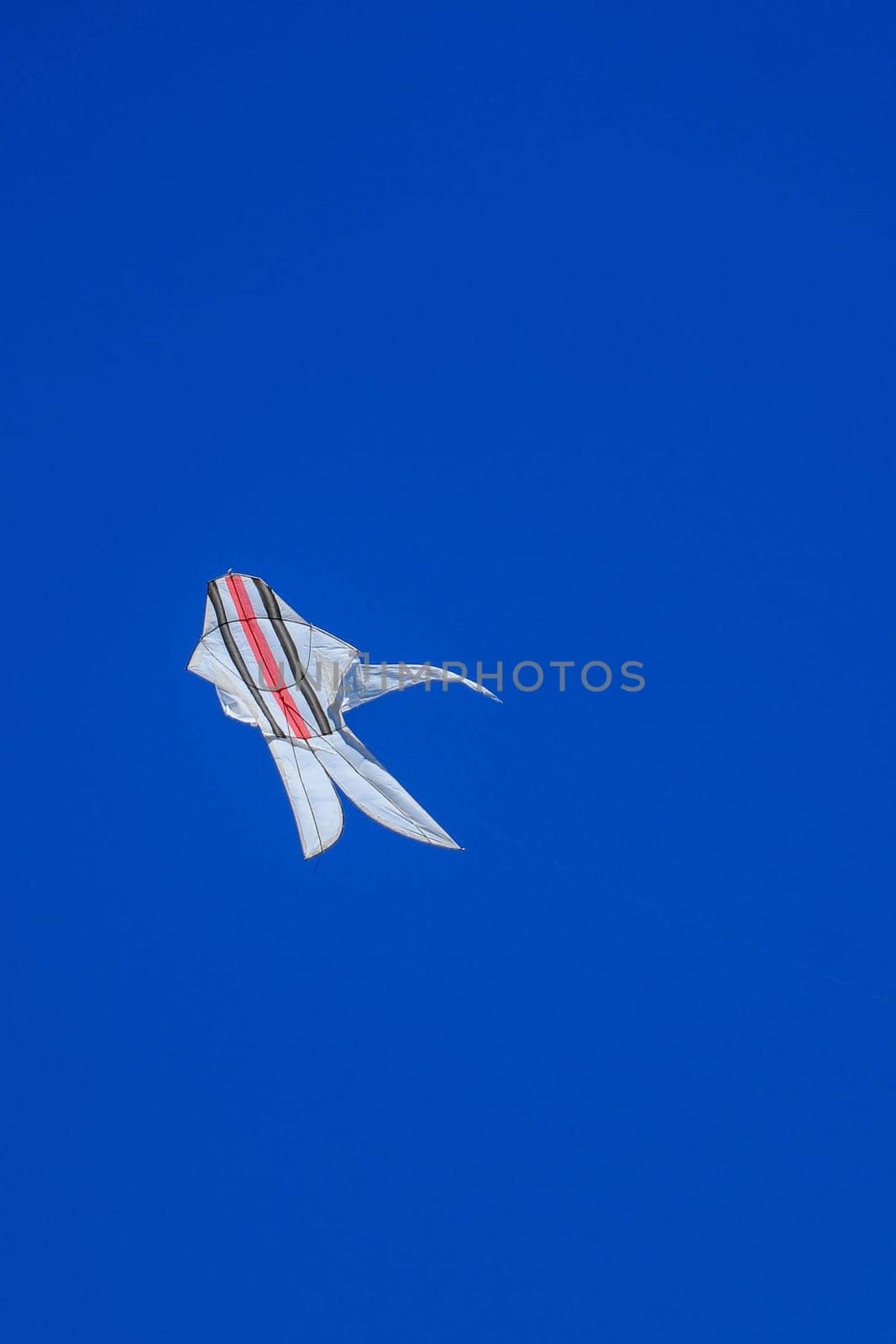 The Balinese white kite with colored strips flies against the blue sky. Blue sky is the perfect background for kites. space for your text.