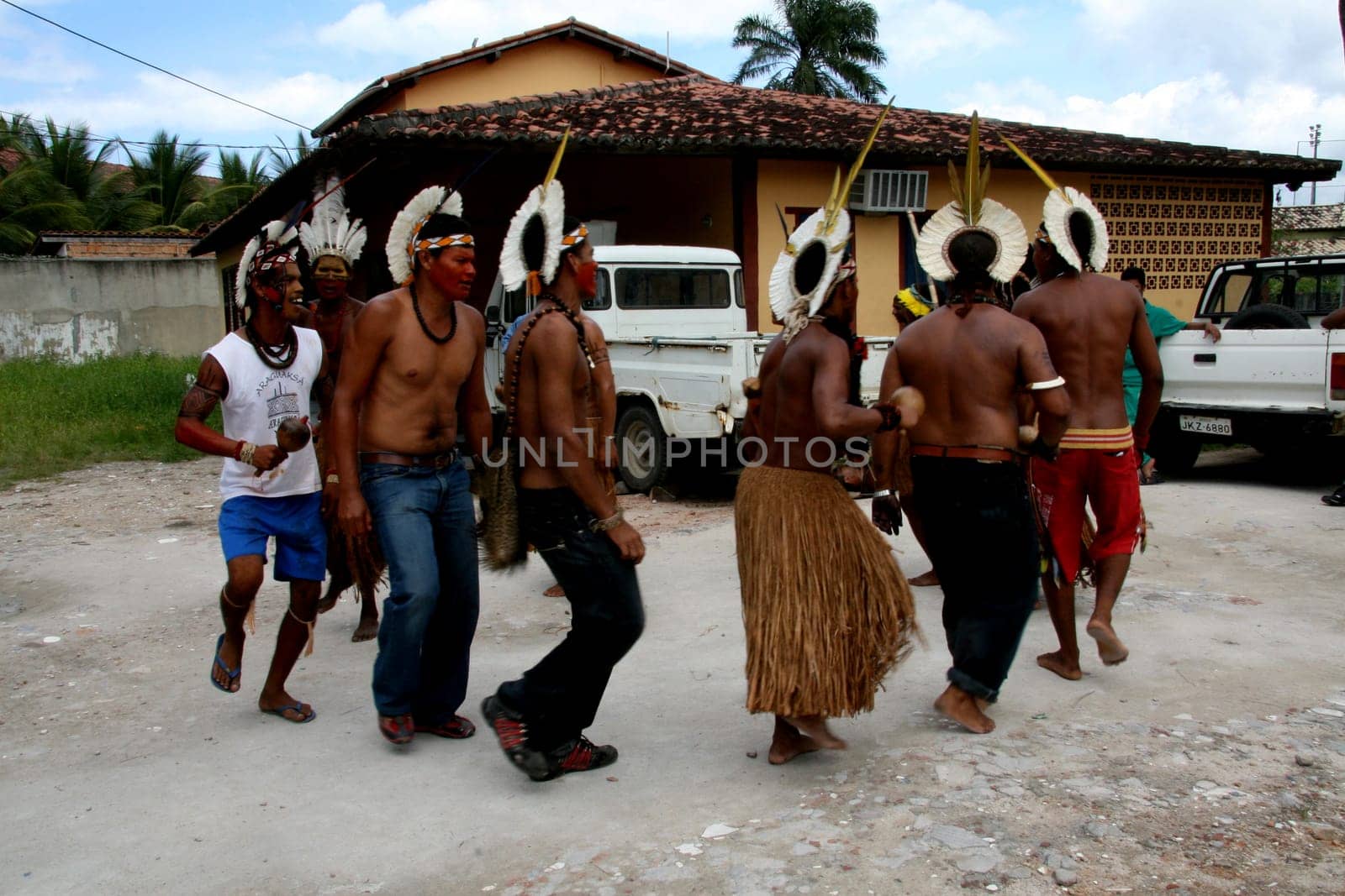 porto Seguro, bahia / brazil - february 27, 2008: Pataxo Indians are seen doing a typical dance, during a protest in search of improvements in the health system of their village in the city of Porto Seguro.