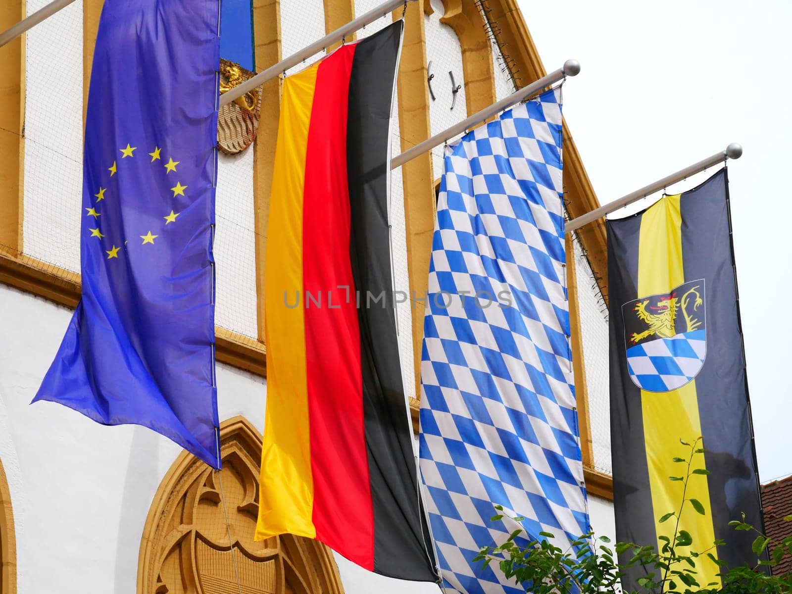 Amberg Bavaria City Town Hall Flags Banner Flags Flag Upper Palatinate East Bavaria historic old town historic Palatinate Lion Coat of arms Heraldic animal Market Square Germany Europe