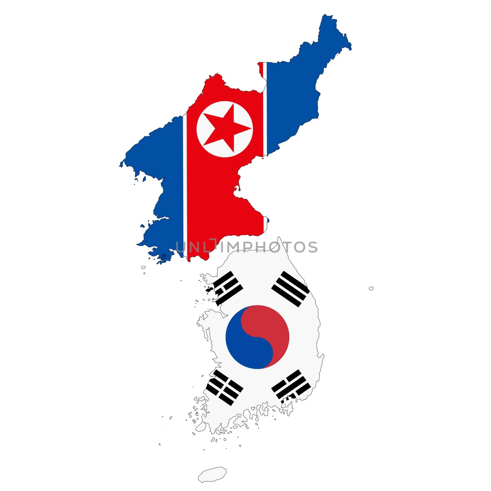 A Korea North and South map on white background with clipping path