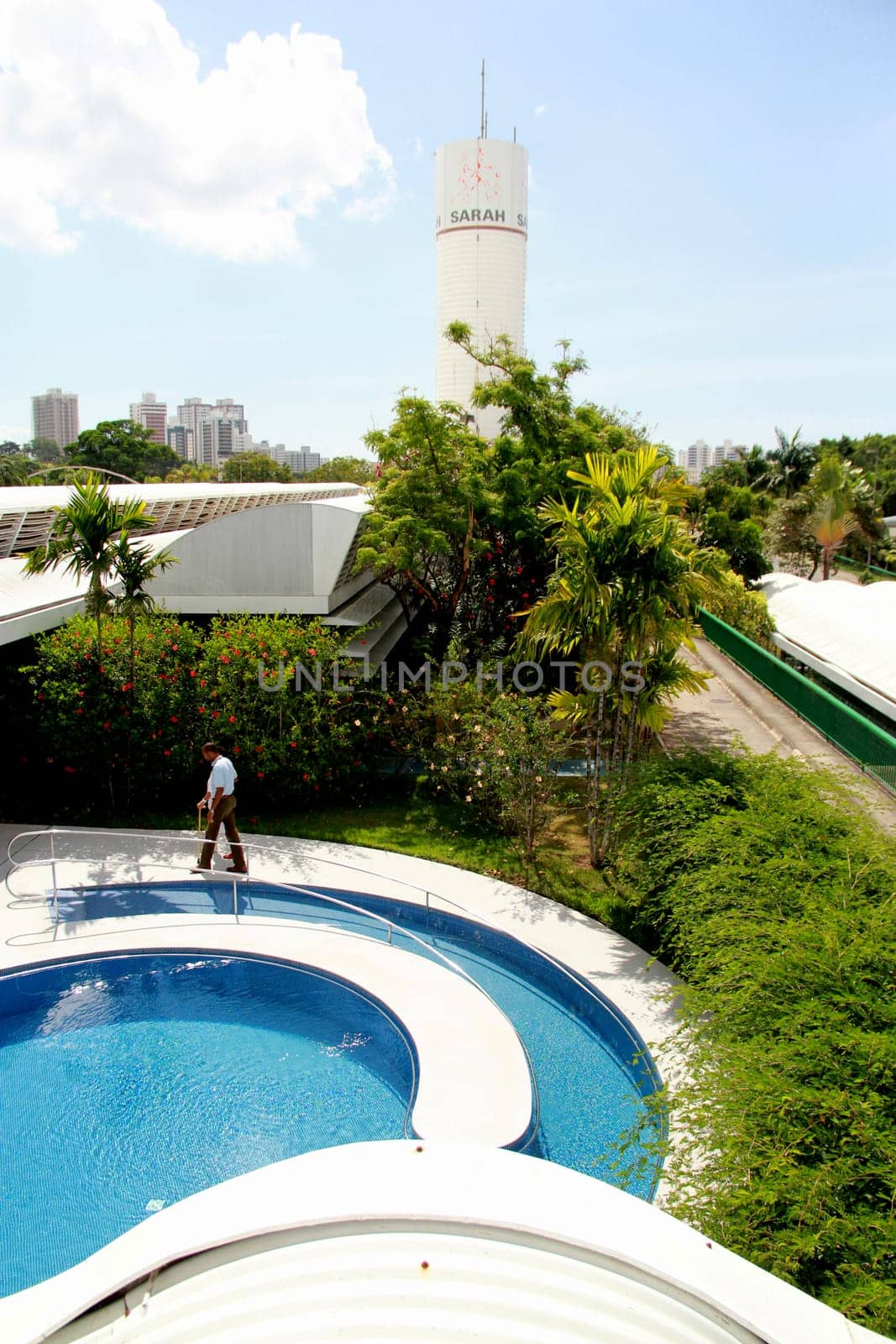 salvador, bahia / brazil - december 12, 2012: view of the swimming pool for treating patients at Sarah hospital in the city of Salvador. The work was done by the architect Joao Filgueiras o Lele.