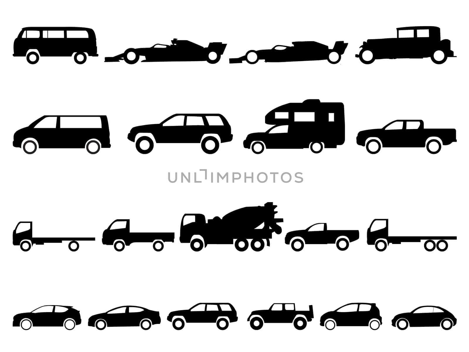 Cars collection icons set on white background, Vector Car Type and Model Objects icons Set silhouette for web