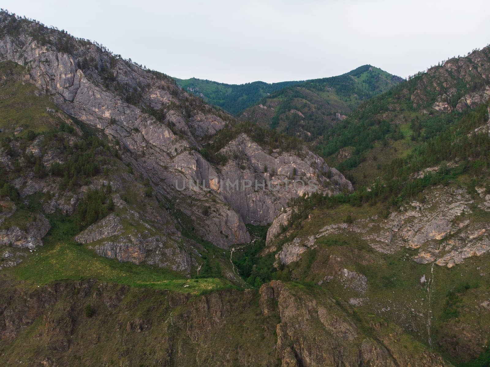 Beauty day in the mountains in Altay. place is called - Spirit Gorge. Aerial shot on drone