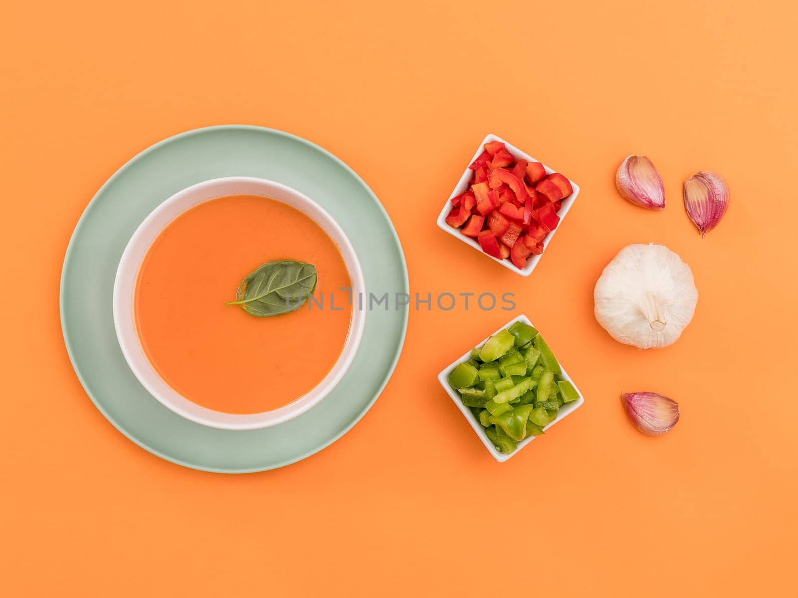 White bowl of gazpacho on a blue plate and a garlic bulb and cloves, red pepper and green pepper on orange background. Top view. Copy space.