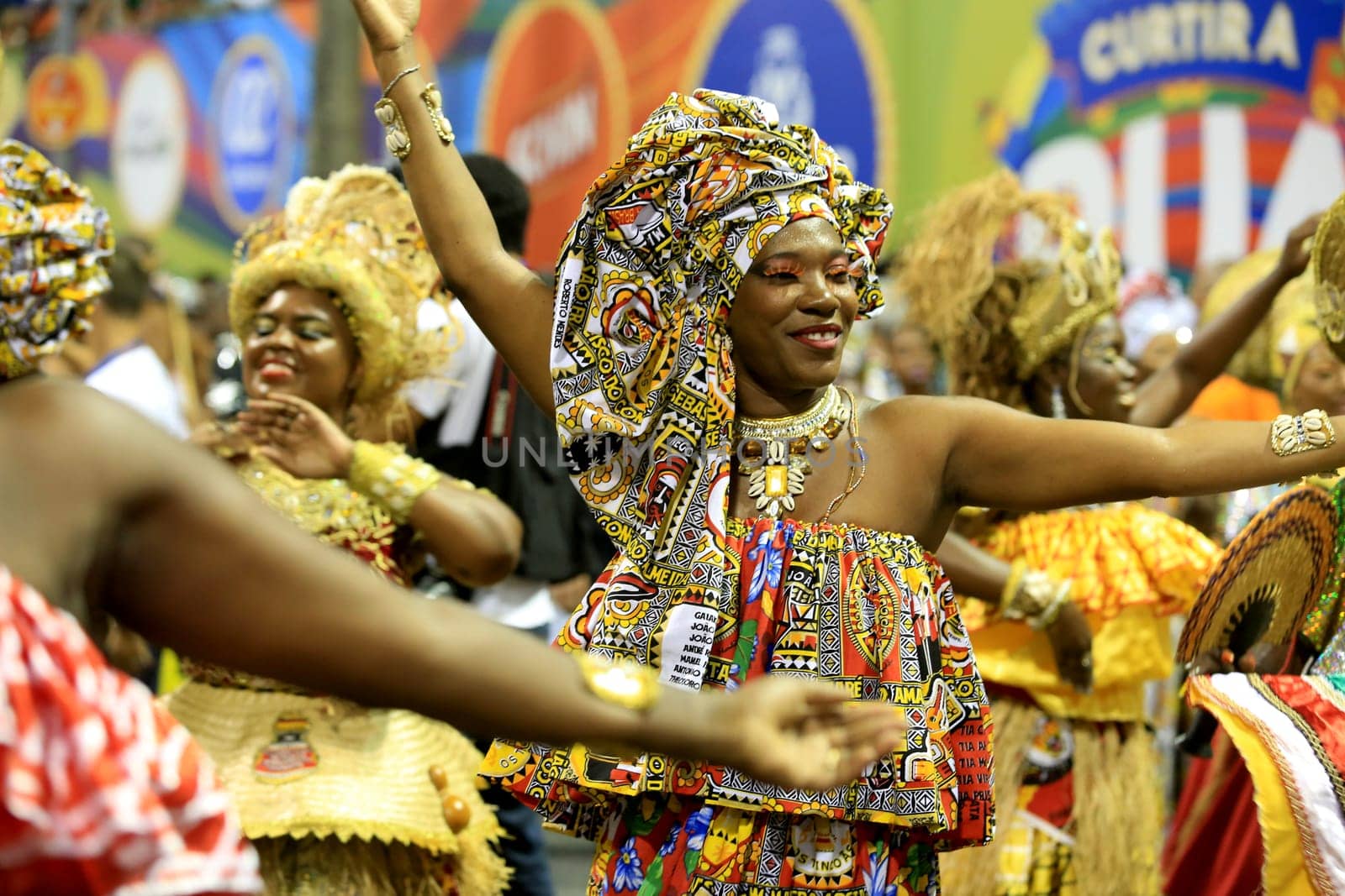 salvador, bahia / brazil - february 8, 2016: Members of the Ile Aiye Carnival Block are seen at the Osmar Circuit during Salvador Carnival.