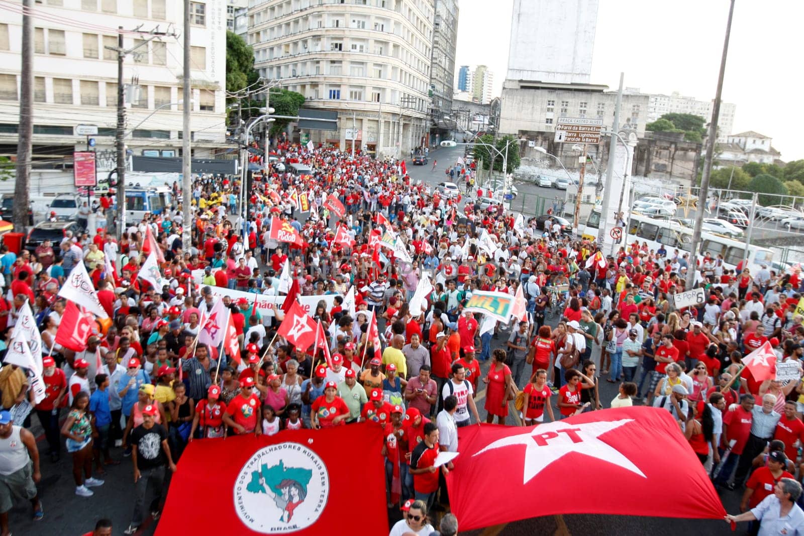salvador, bahia, brazil - dec. 16, 2015: members of the trade union centrals, political parties and social movements mobilize in favor of president Dilma Rousseff and asking Eduardo Cunha to leave the presidency of the Chamber of Deputies....