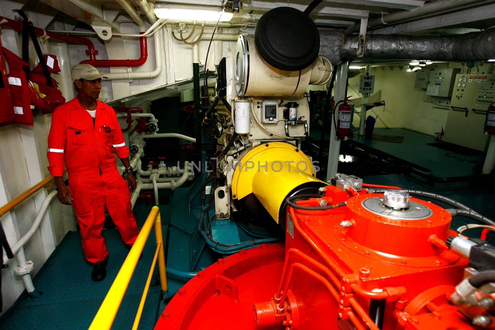 salvador, bahia / brazil - october 1, 2014: Engine room of the Dorival Caymmi Ferry Boat. The vessel transports passengers and vehicles on the Salvador Ilha de Itaparica crossing.