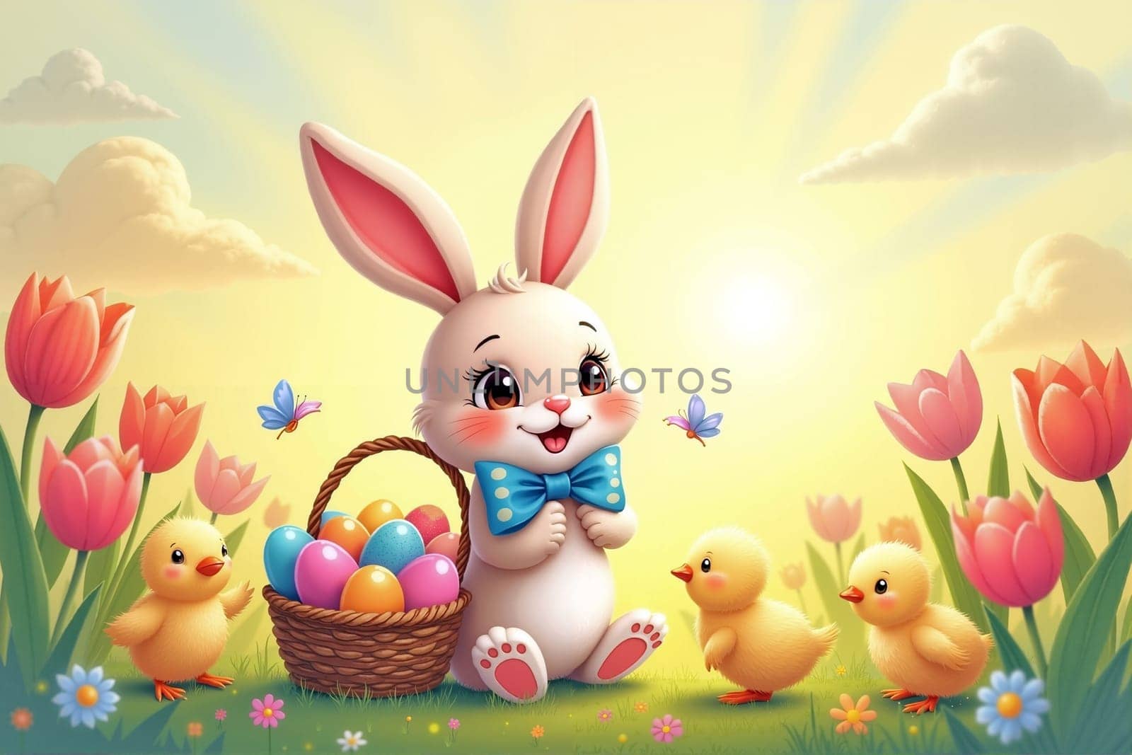 A cheerful bunny sits among blooming tulips, holding colorful eggs while playful ducklings accompany it in a sunny springtime setting. Generative AI.