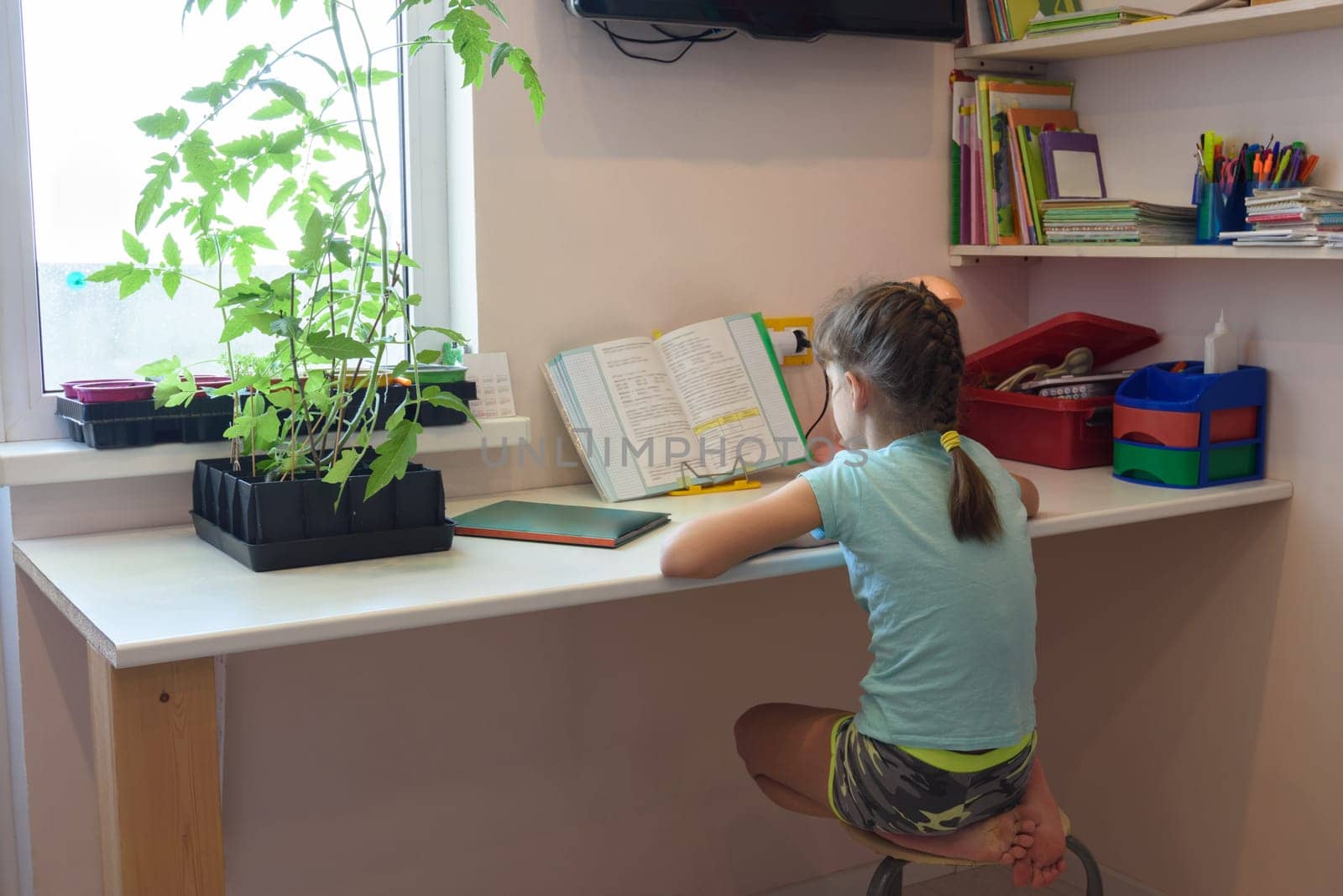 Girl is teaching at home on a textbook at the desk