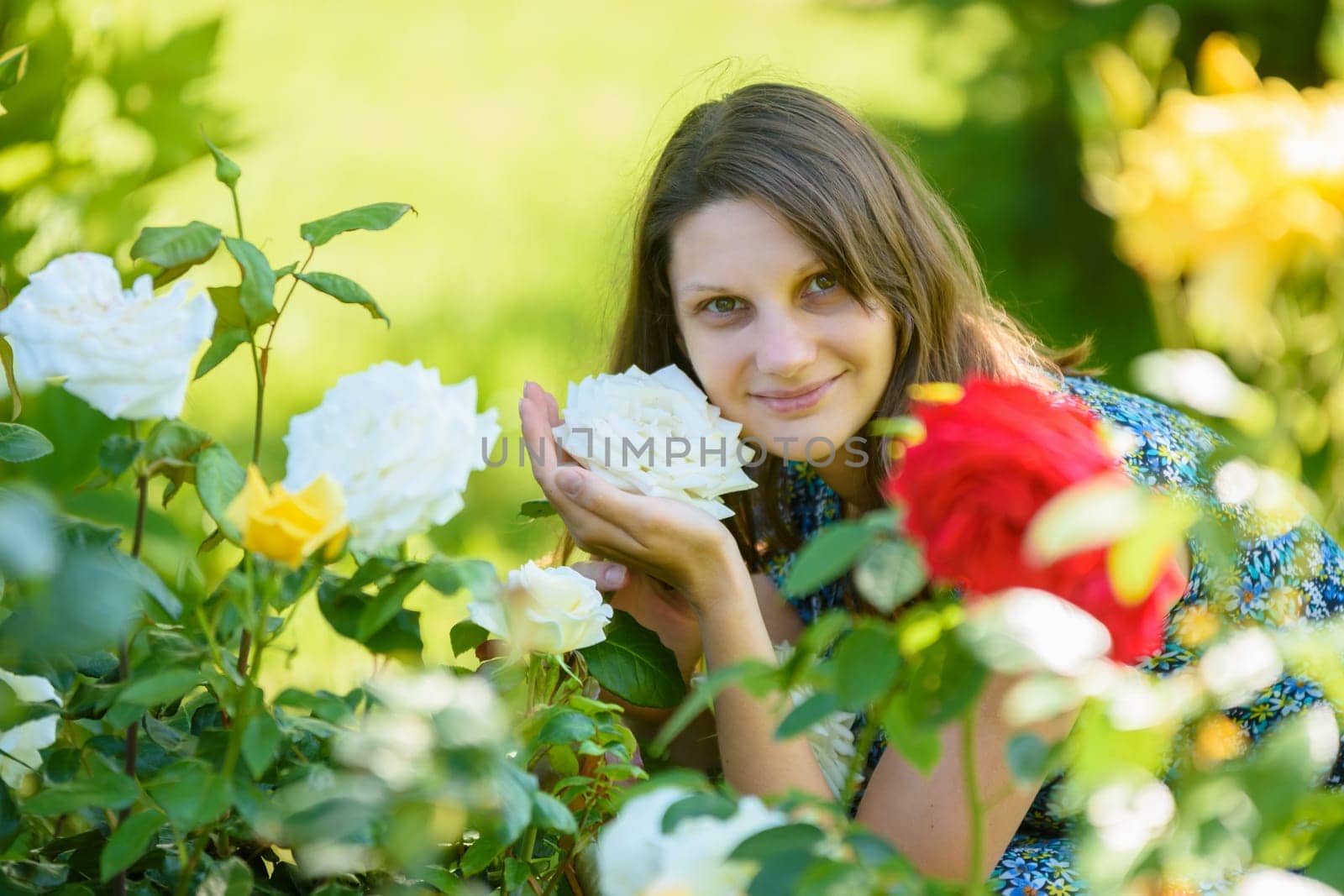 portrait of a smiling girl against the backdrop of roses in the park
