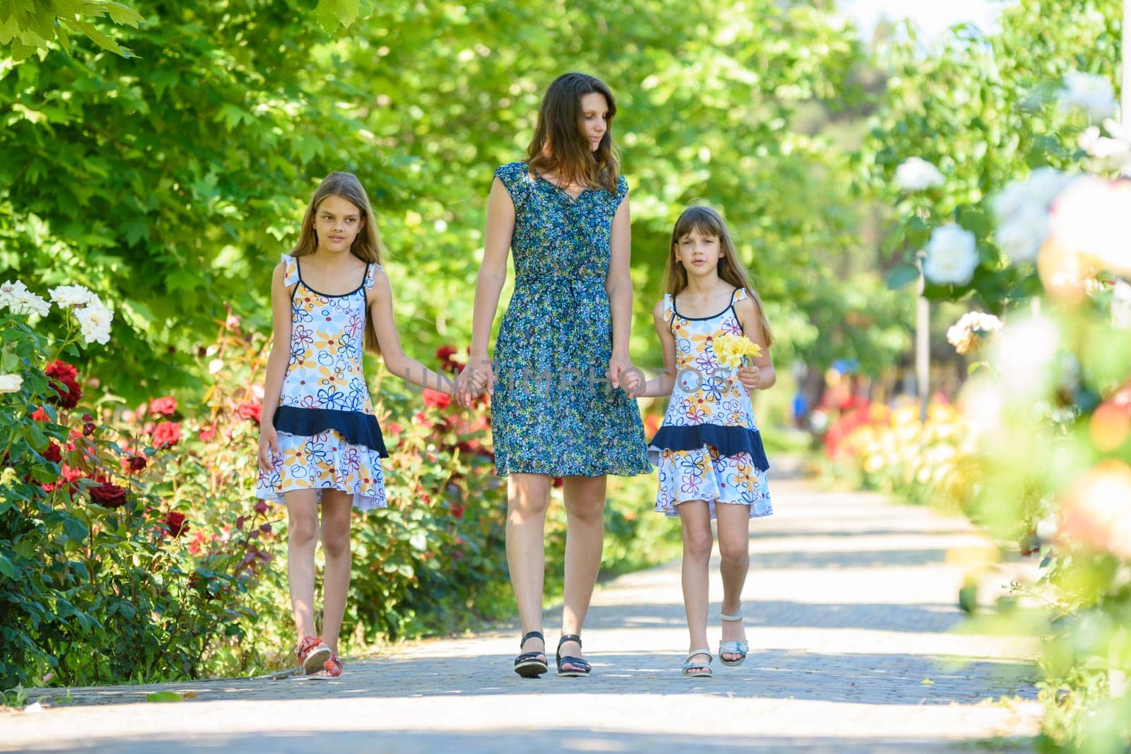 young woman walks down the path in the flowering garden by the hand with her two daughters