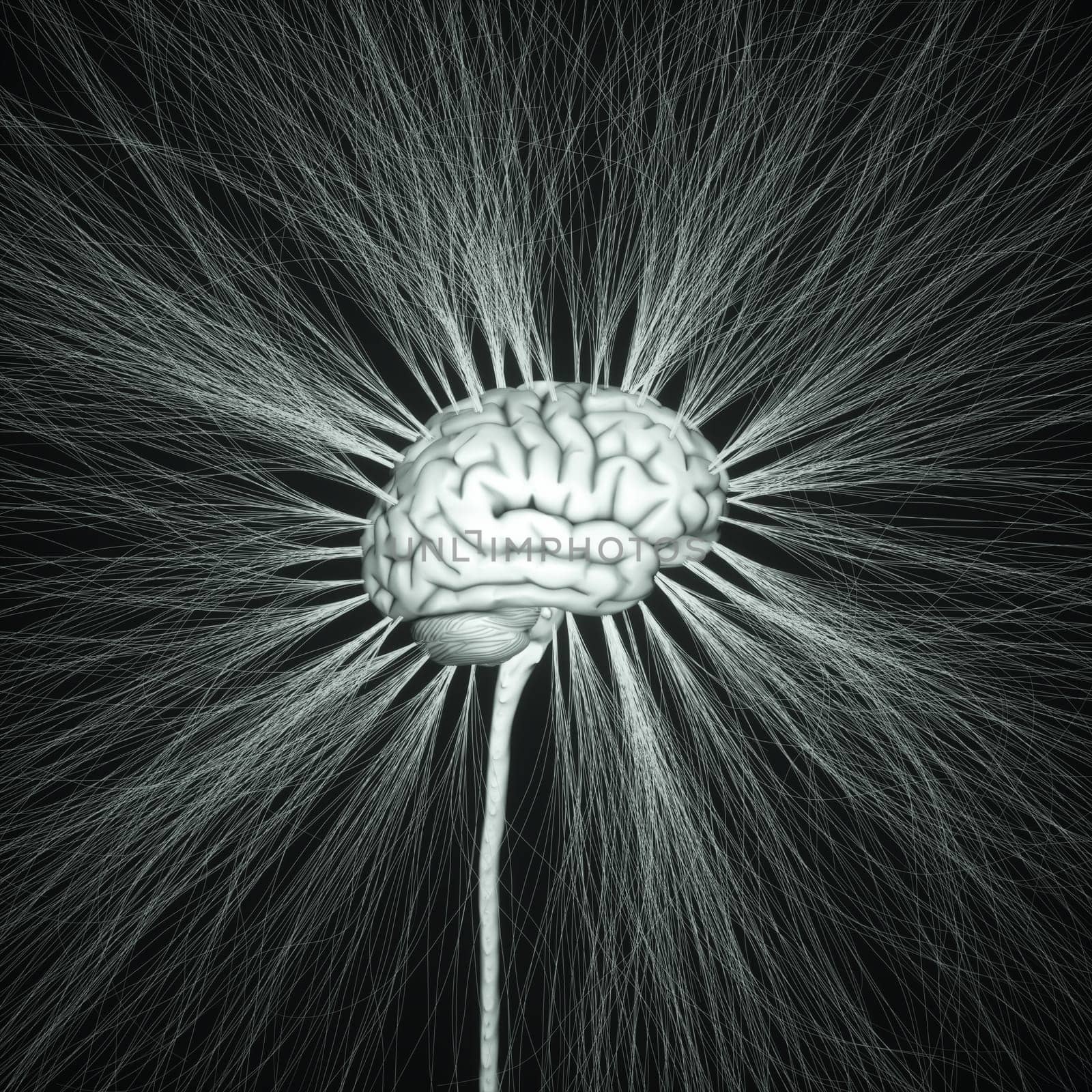 .Central nervous system. Brain and spinal cord with branch coming out away. Conceptual brain 3D illustration.