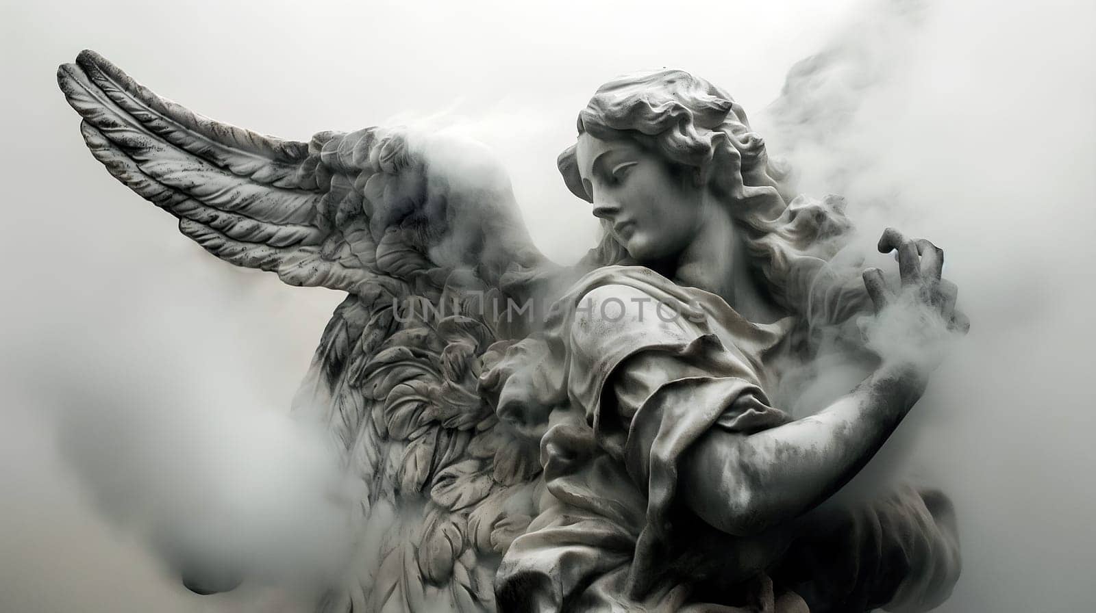 A stone angel with detailed wings holds a delicate object, enveloped by soft mist. The twilight ambiance enhances the statue's serene presence in the tranquil park setting - Generative AI