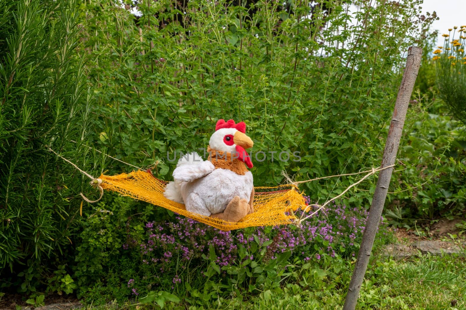 White soft toy lies in a hammock between green bushes in a meadow
