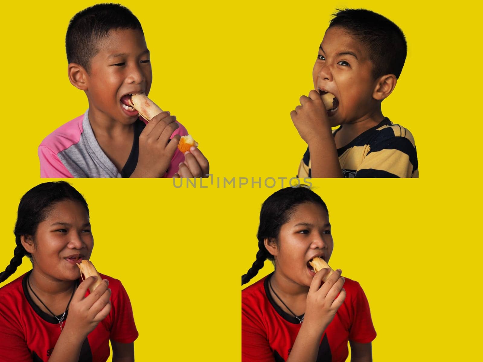 Portrait of a child in Southeast Asia Eating Hot Dog Isolated Yellow Background..Junk food concept..colection images.