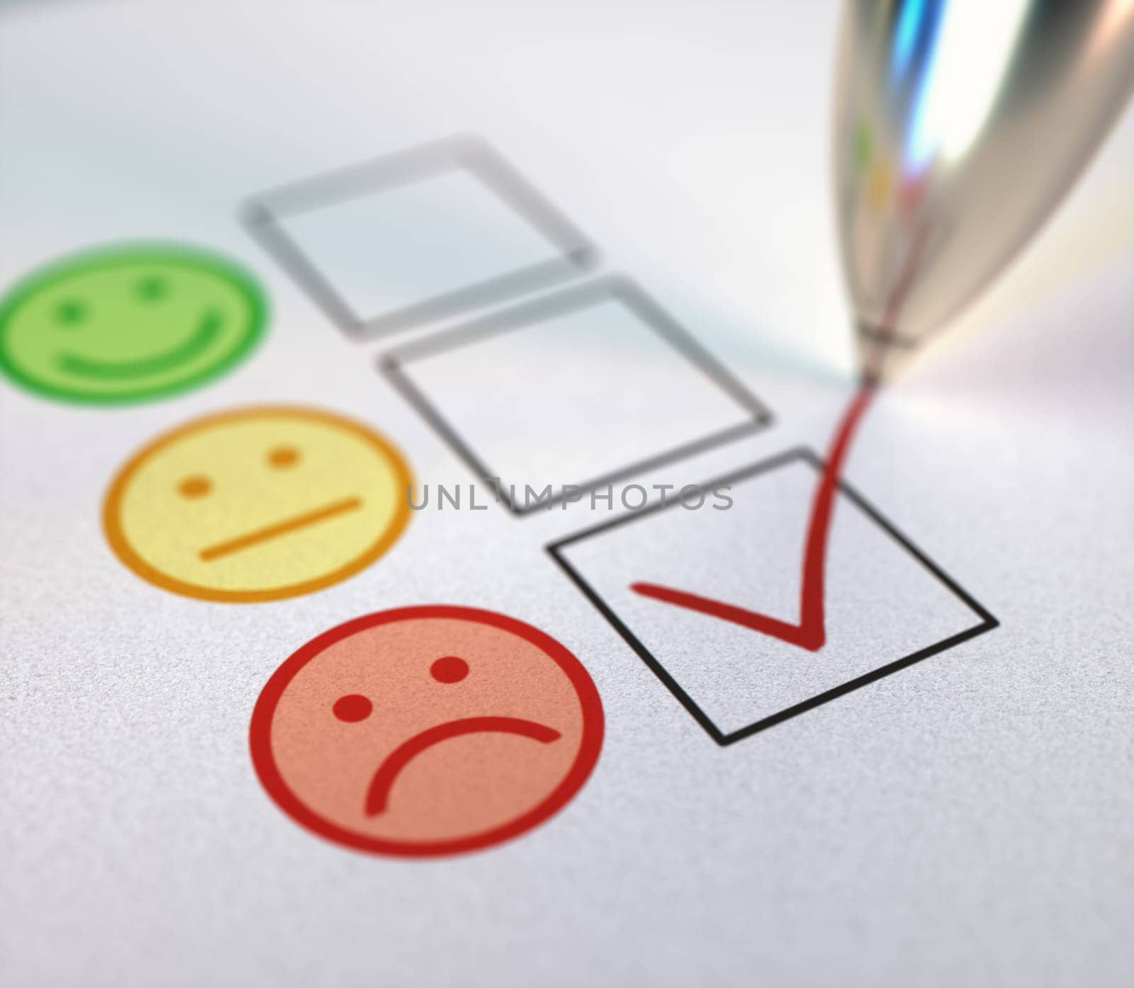 Check mark on customer service satisfaction. 3D illustration, check box concept of feedback.