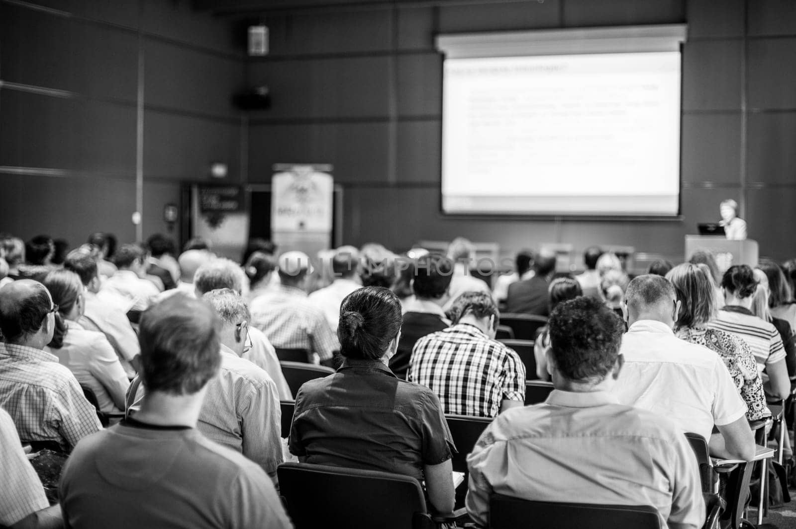 Business and entrepreneurship symposium. Speaker giving a talk at business meeting. Audience in conference hall. Rear view of unrecognized participant in audience.