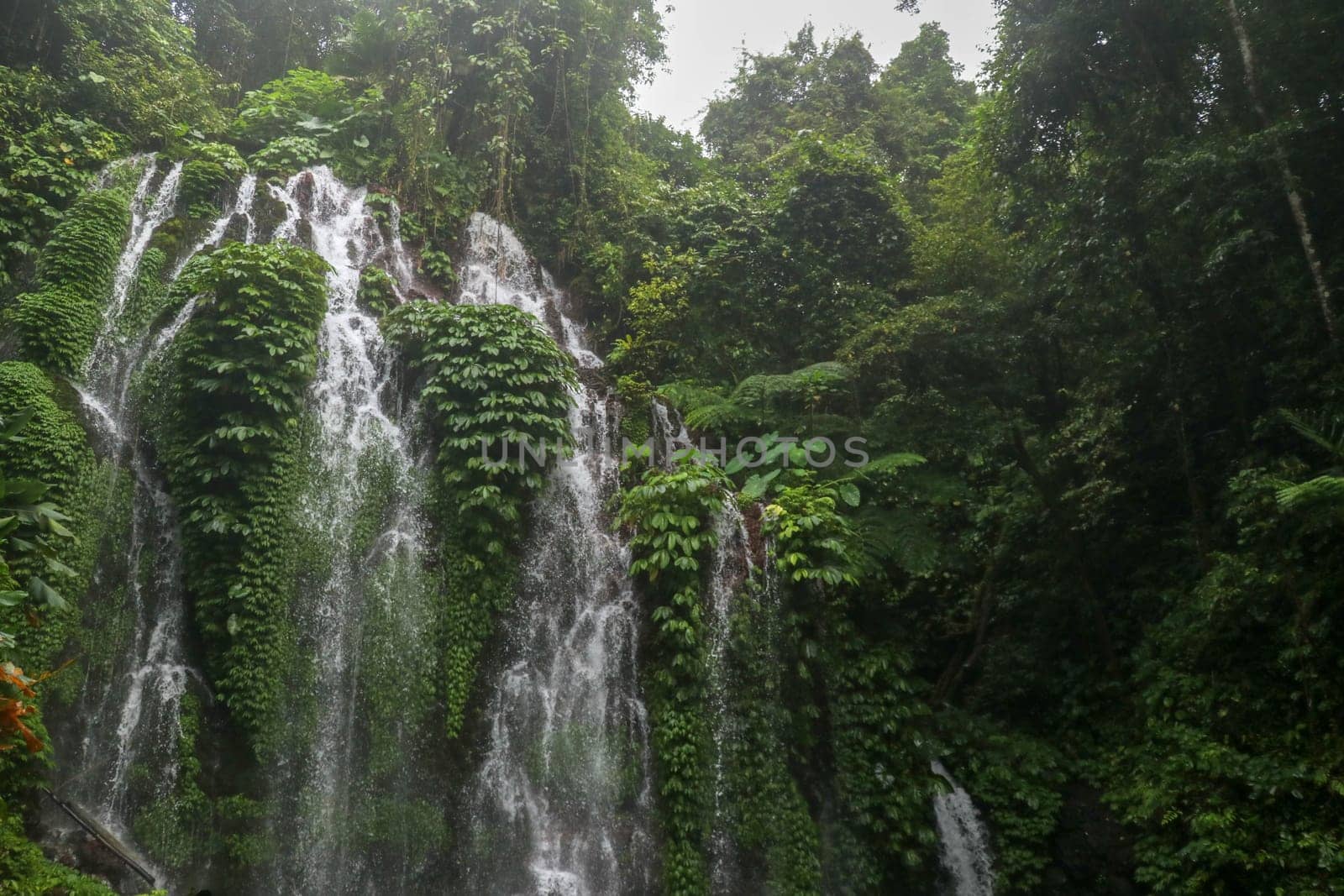 Beautiful scenic waterfall high in the mountains on Bali island. Water flows in many streams over the glass and between them grows lush tropical vegetation. Banyumala Amertha Waterfall, Indonesia.