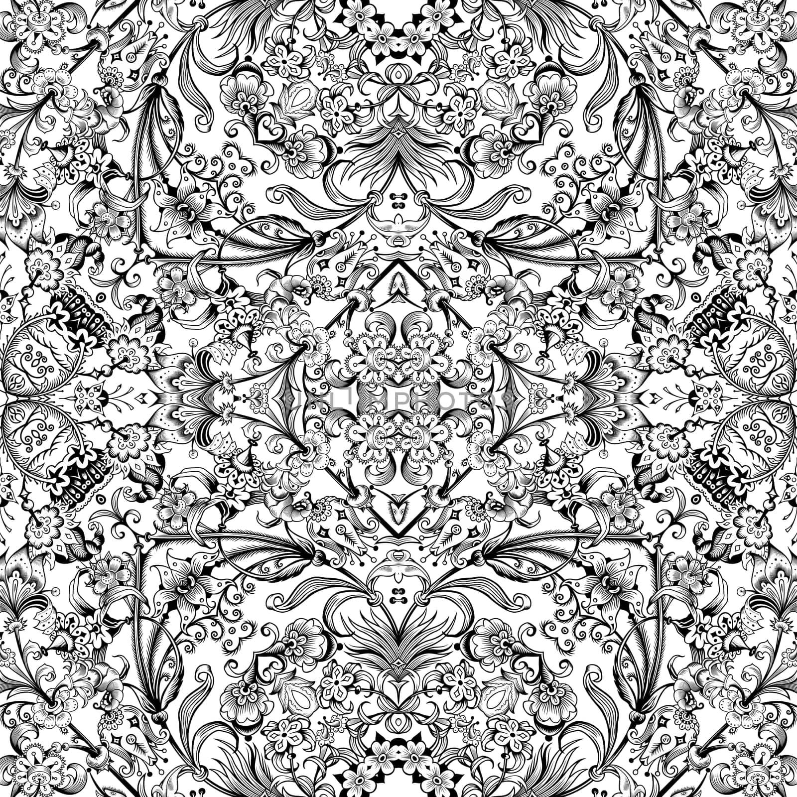 Vector abstract ethnic nature hand drawn ornamental background. Black and white seamless pattern