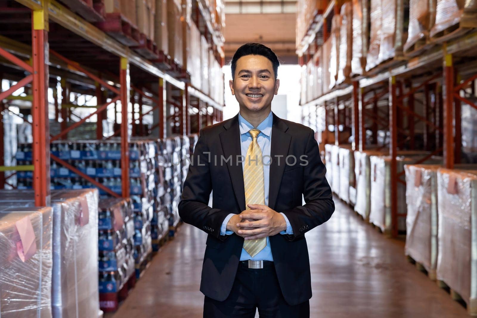 Portrait of asian confidence businessman investor stand in large factory and distribution warehouse environment. Business owner and investment concept.