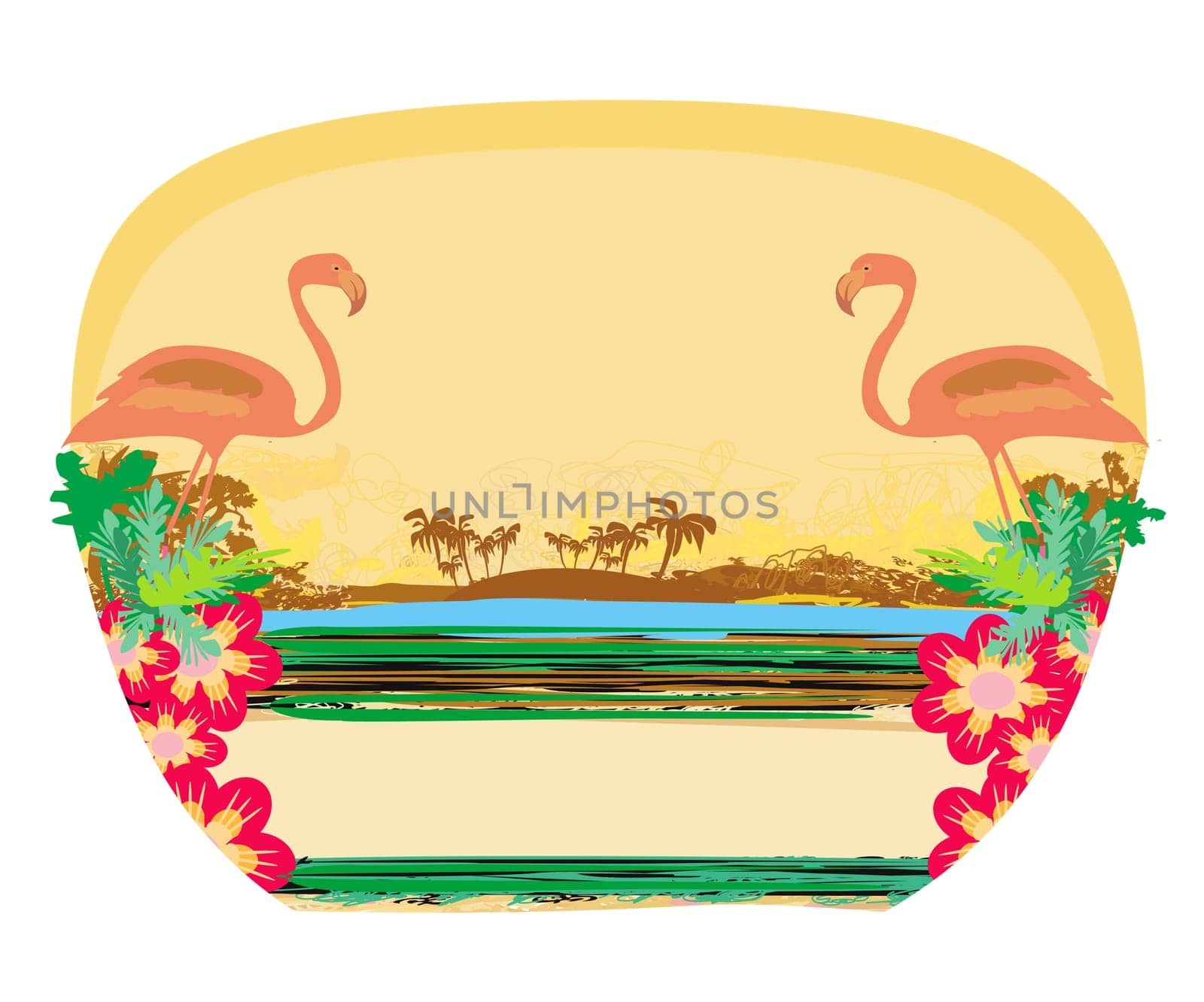 Abstract card with flamingos and nature